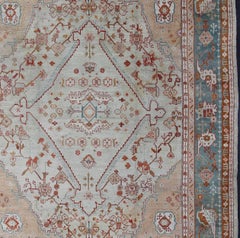 Antique Turkish Oushak Rug in Ice Blue, Taupe Background and Teal Border