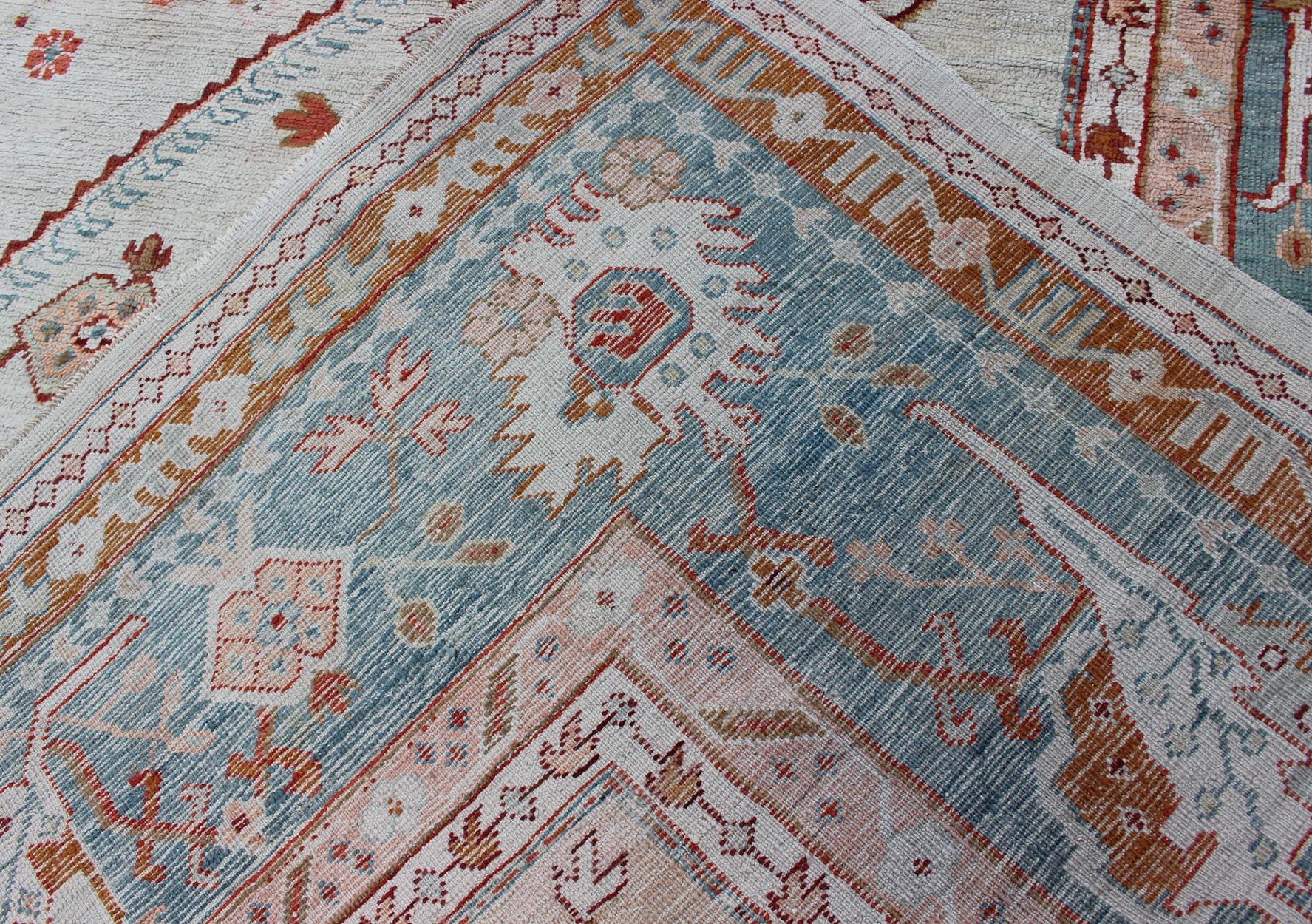 Hand-Knotted Antique Turkish Oushak Rug in Ice Blue, Taupe Background and Teal Border For Sale