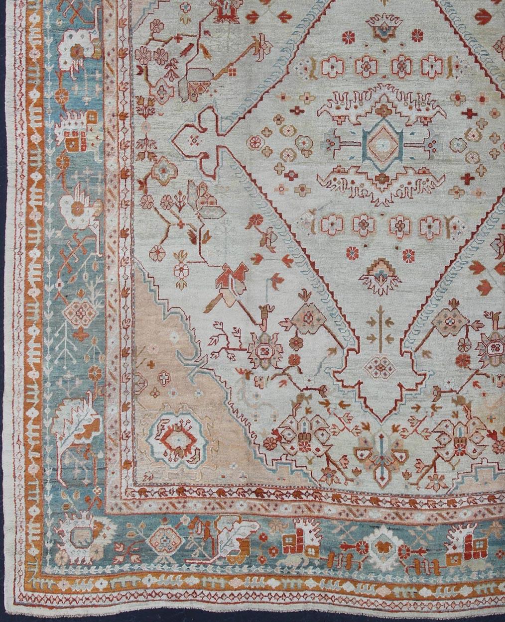 Antique Turkish Oushak Rug in Ice Blue, Taupe Background and Teal Border In Excellent Condition For Sale In Atlanta, GA