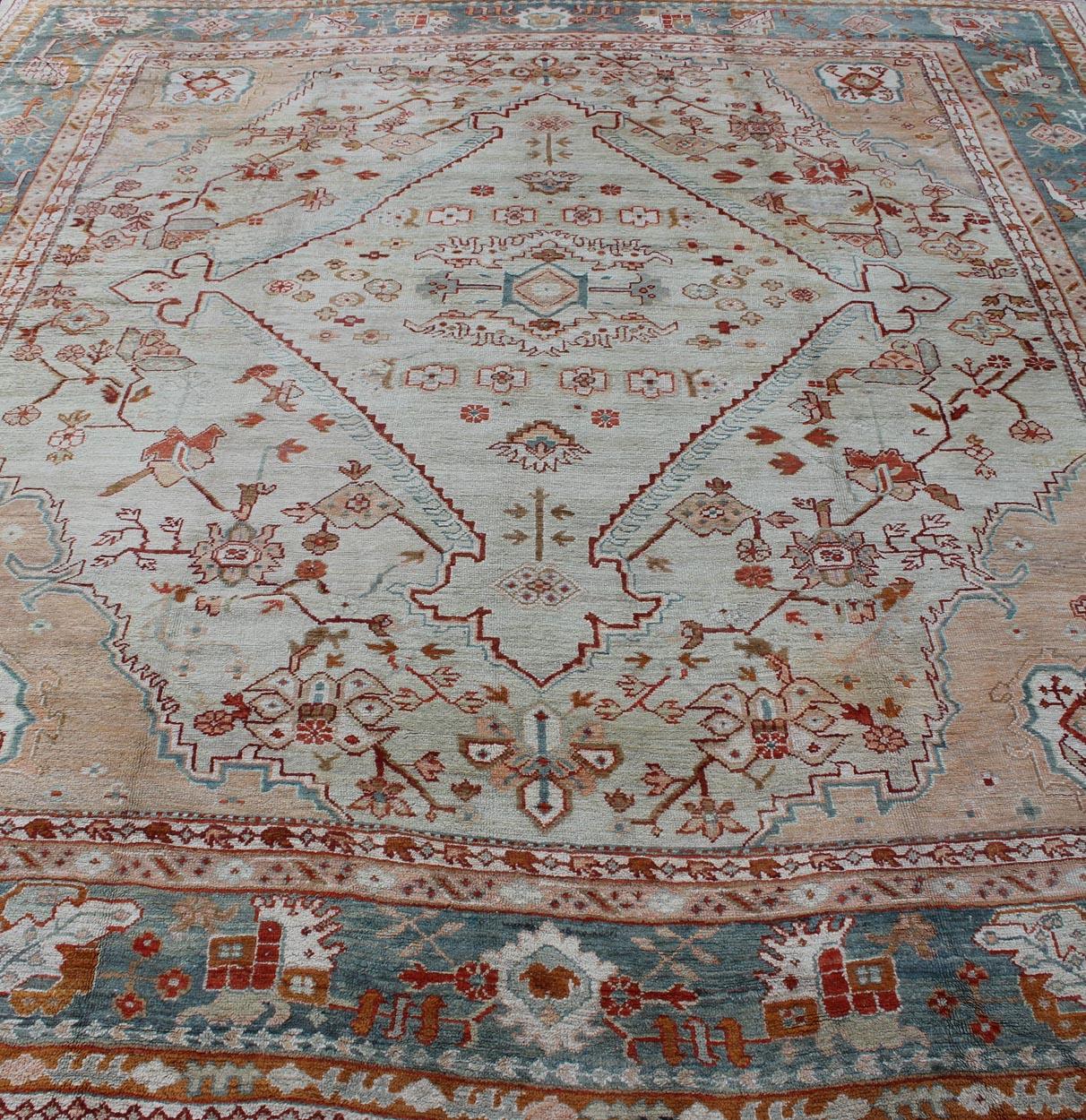 Antique Turkish Oushak Rug in Ice Blue, Taupe Background and Teal Border For Sale 2