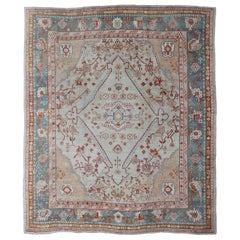 Vintage Turkish Oushak Rug in Ice Blue, Taupe Background and Teal Border