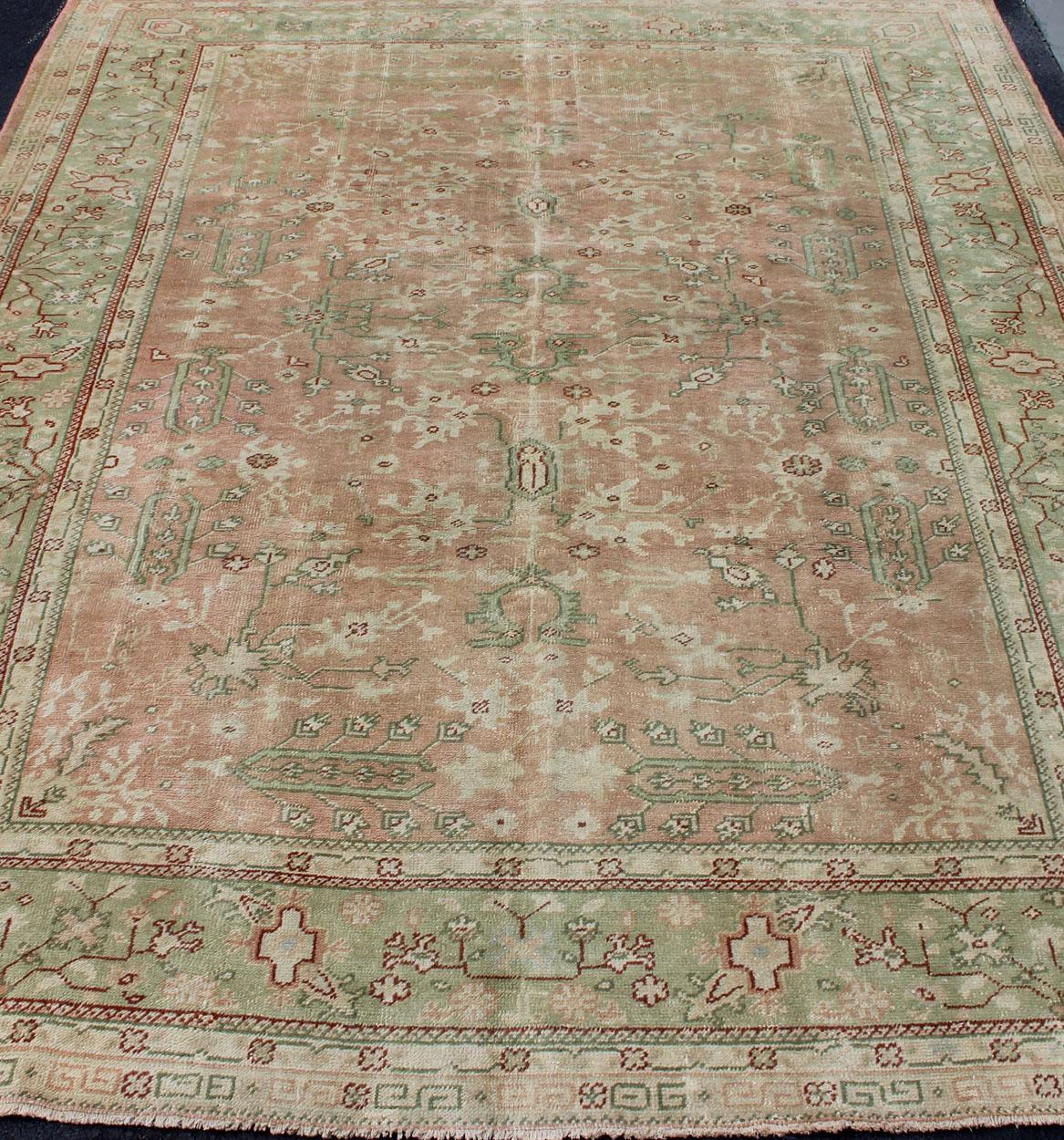 Classic All Over Design Antique Oushak Rug in Light Coral and Light Green For Sale 2
