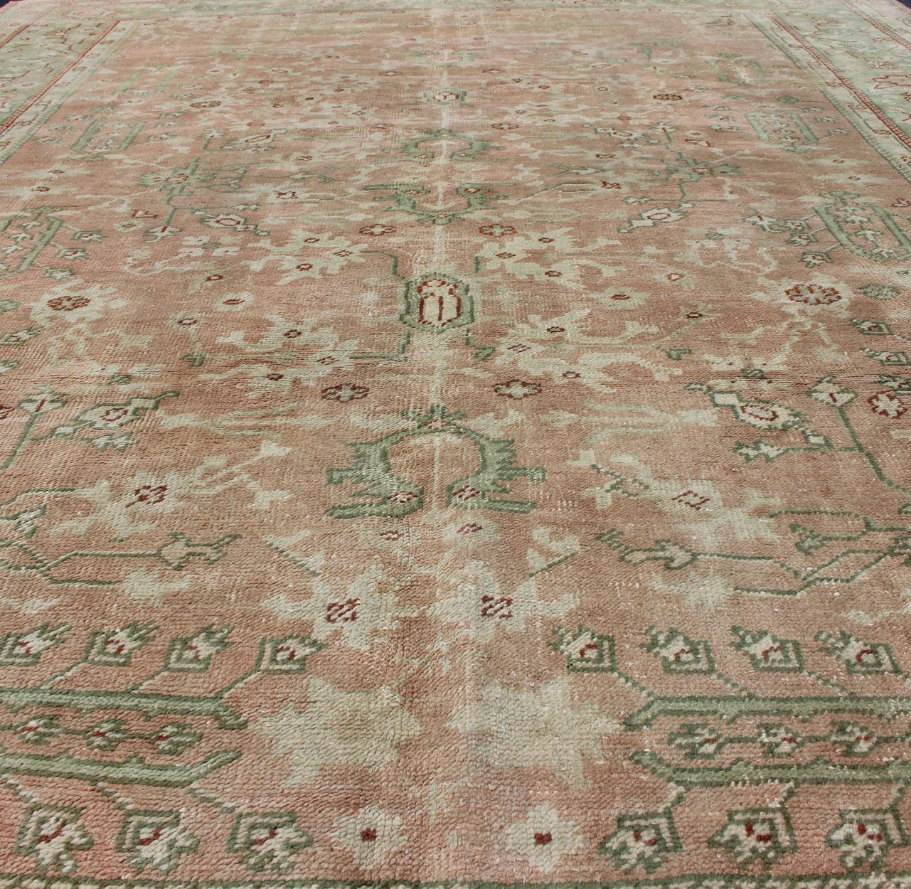 Classic All Over Design Antique Oushak Rug in Light Coral and Light Green For Sale 3