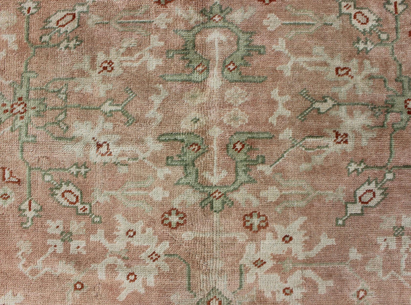 Classic All Over Design Antique Oushak Rug in Light Coral and Light Green For Sale 4