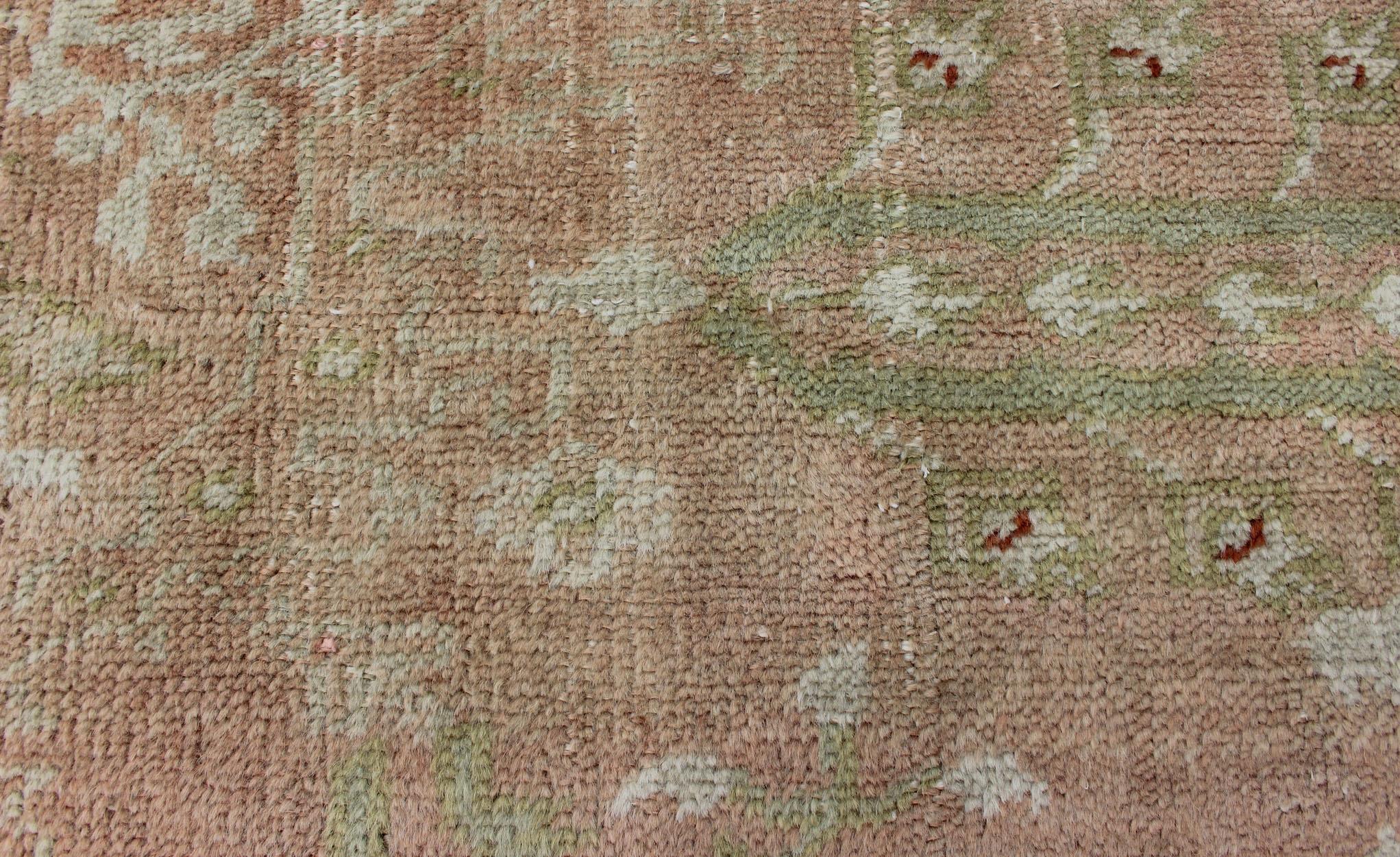 Classic All Over Design Antique Oushak Rug in Light Coral and Light Green For Sale 5