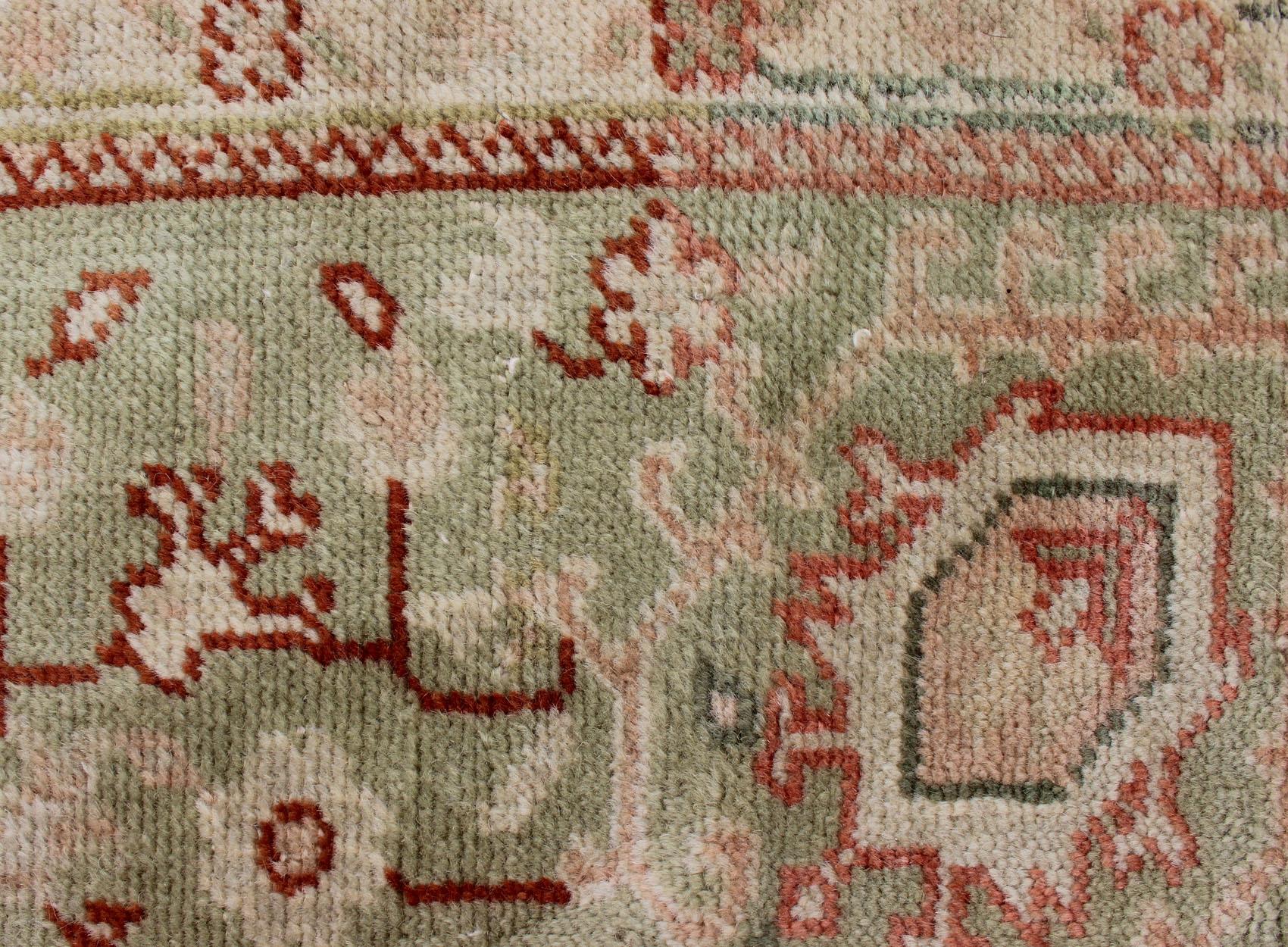 Classic All Over Design Antique Oushak Rug in Light Coral and Light Green For Sale 6