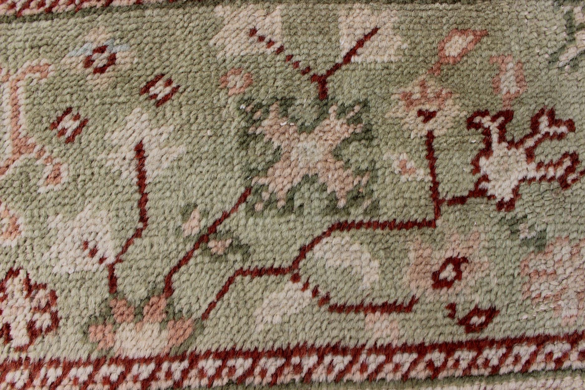 Classic All Over Design Antique Oushak Rug in Light Coral and Light Green For Sale 7