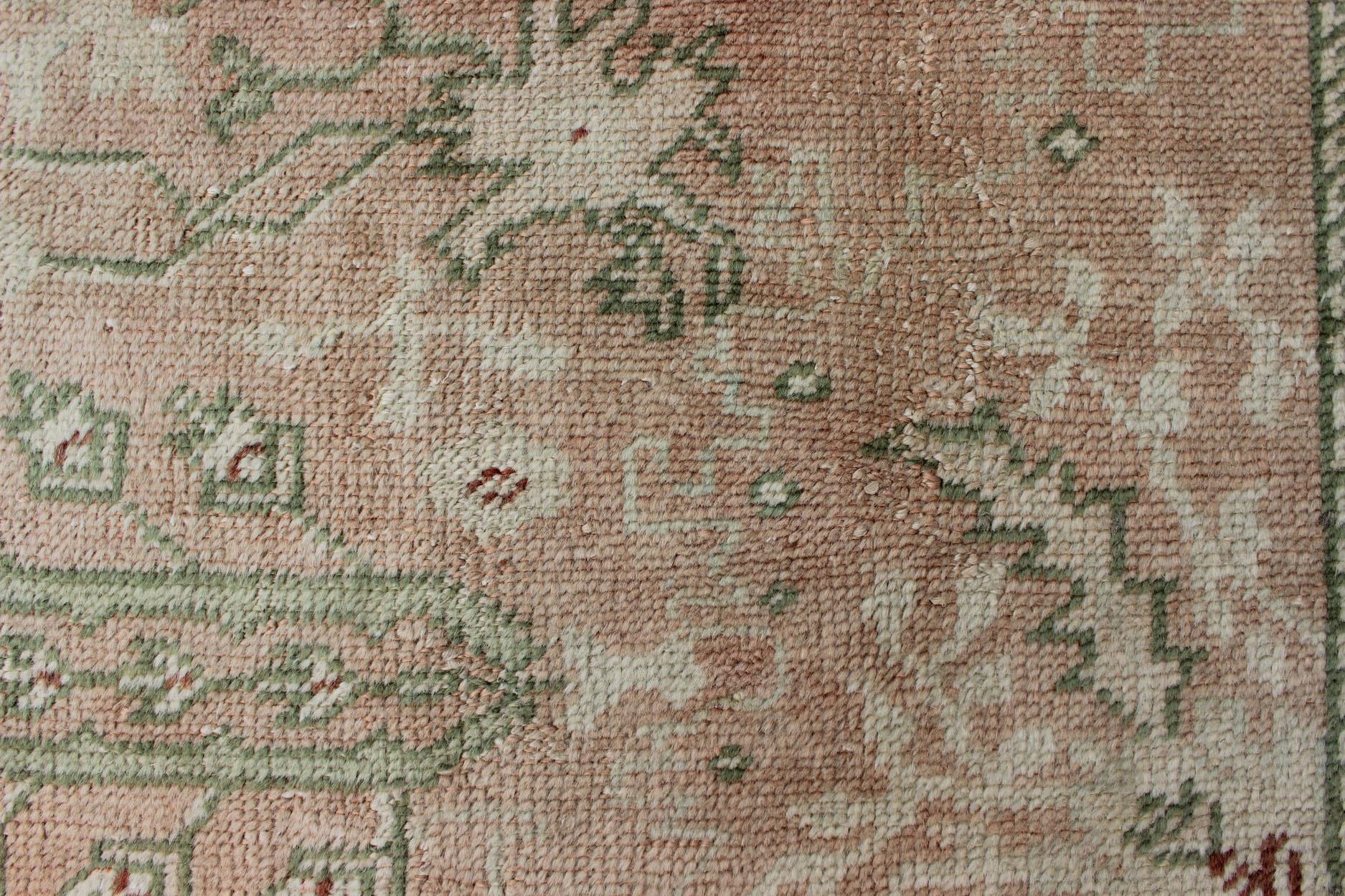Classic All Over Design Antique Oushak Rug in Light Coral and Light Green For Sale 8