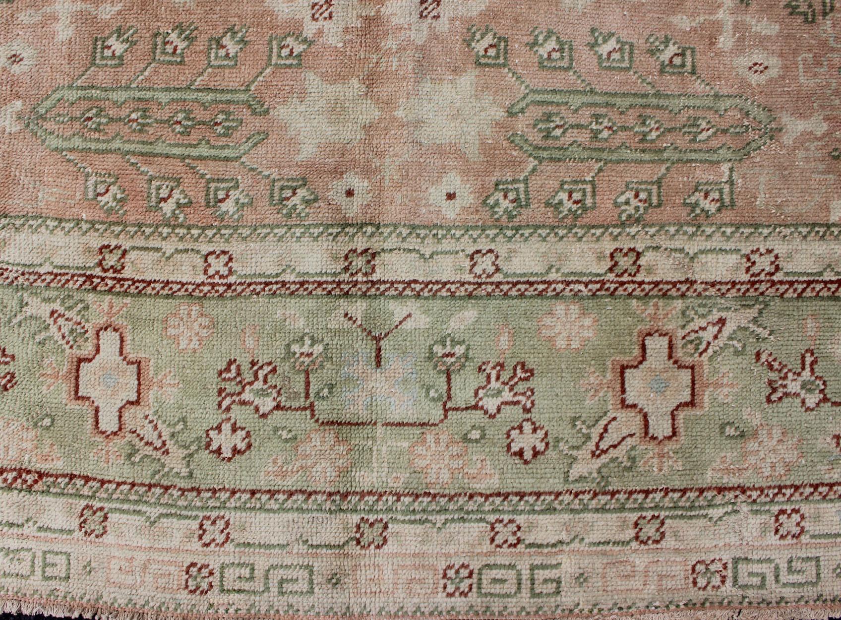 Classic All Over Design Antique Oushak Rug in Light Coral and Light Green For Sale 10