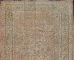 Classic All Over Design Antique Oushak Rug in Light Coral and Light Green