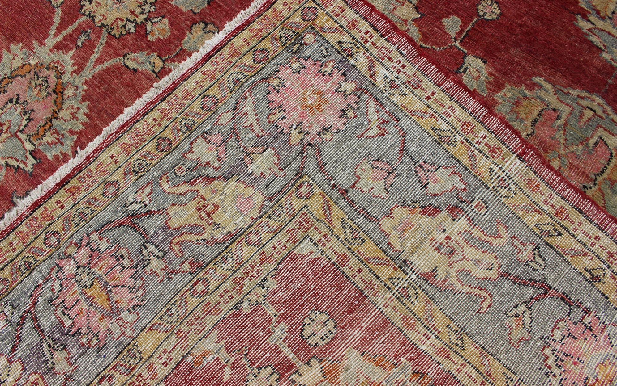 Antique Turkish Oushak Rug in Red, Blue/Gray Border, L. Green, Yellow & Pink For Sale 4