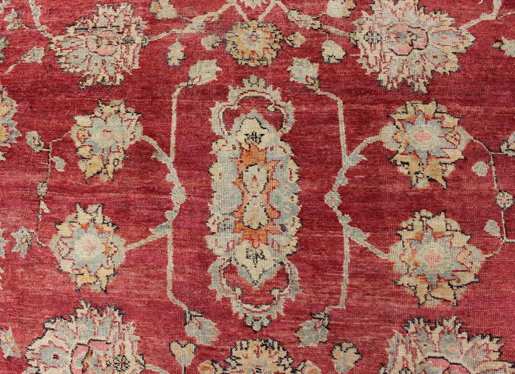 Antique Turkish Oushak Rug in Red, Blue/Gray Border, L. Green, Yellow & Pink For Sale 1
