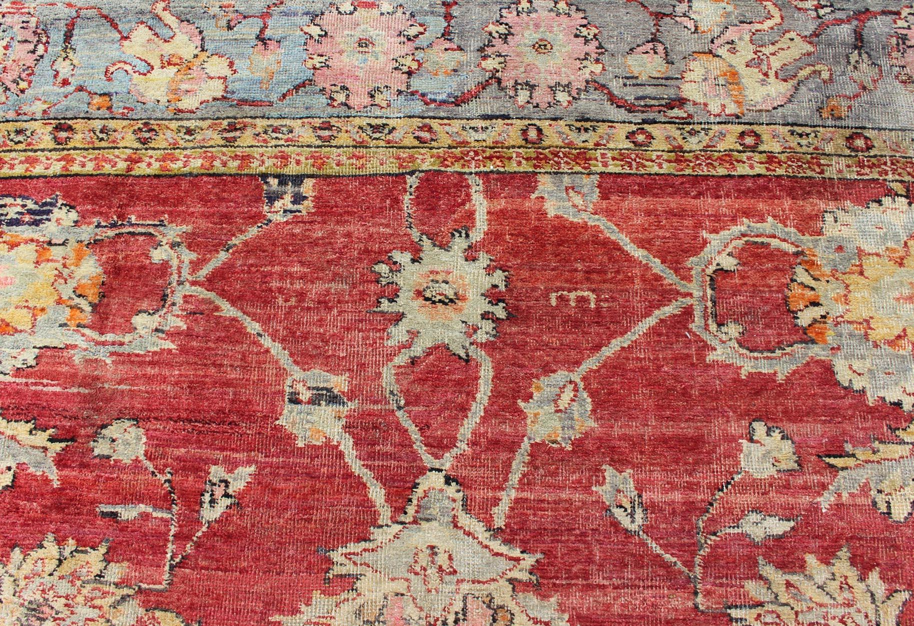 Antique Turkish Oushak Rug in Red, Blue/Gray Border, L. Green, Yellow & Pink For Sale 2