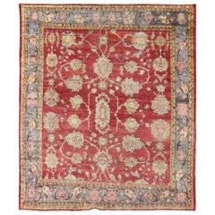 Antico tappeto turco Oushak con bordi rossi, blu/grigi, verdi, gialli e rosa