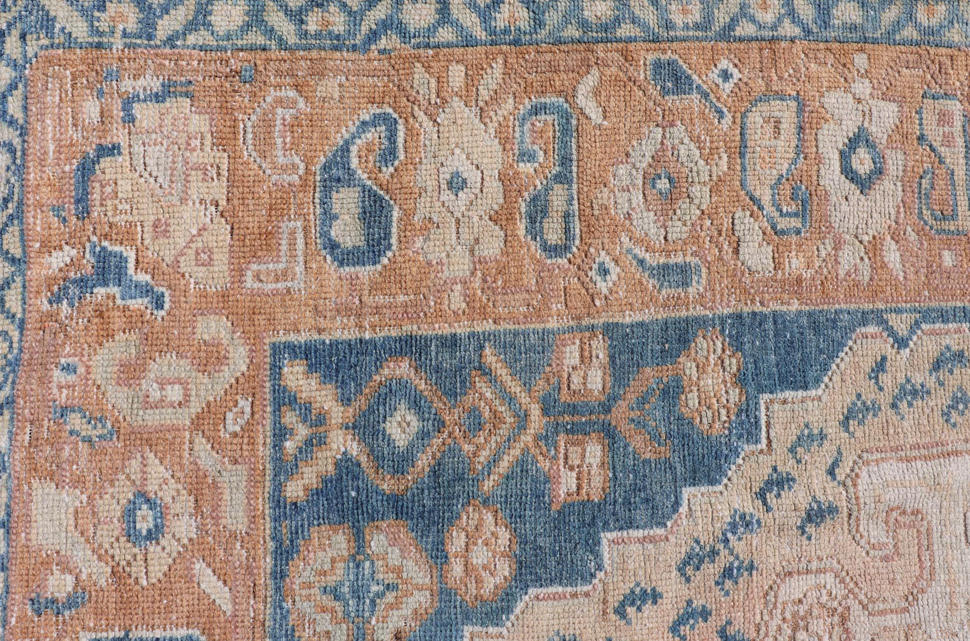 Hand-Knotted Antique Turkish Oushak Rug in Rich Blues and Earth Tones 3'7 x 5'9 For Sale