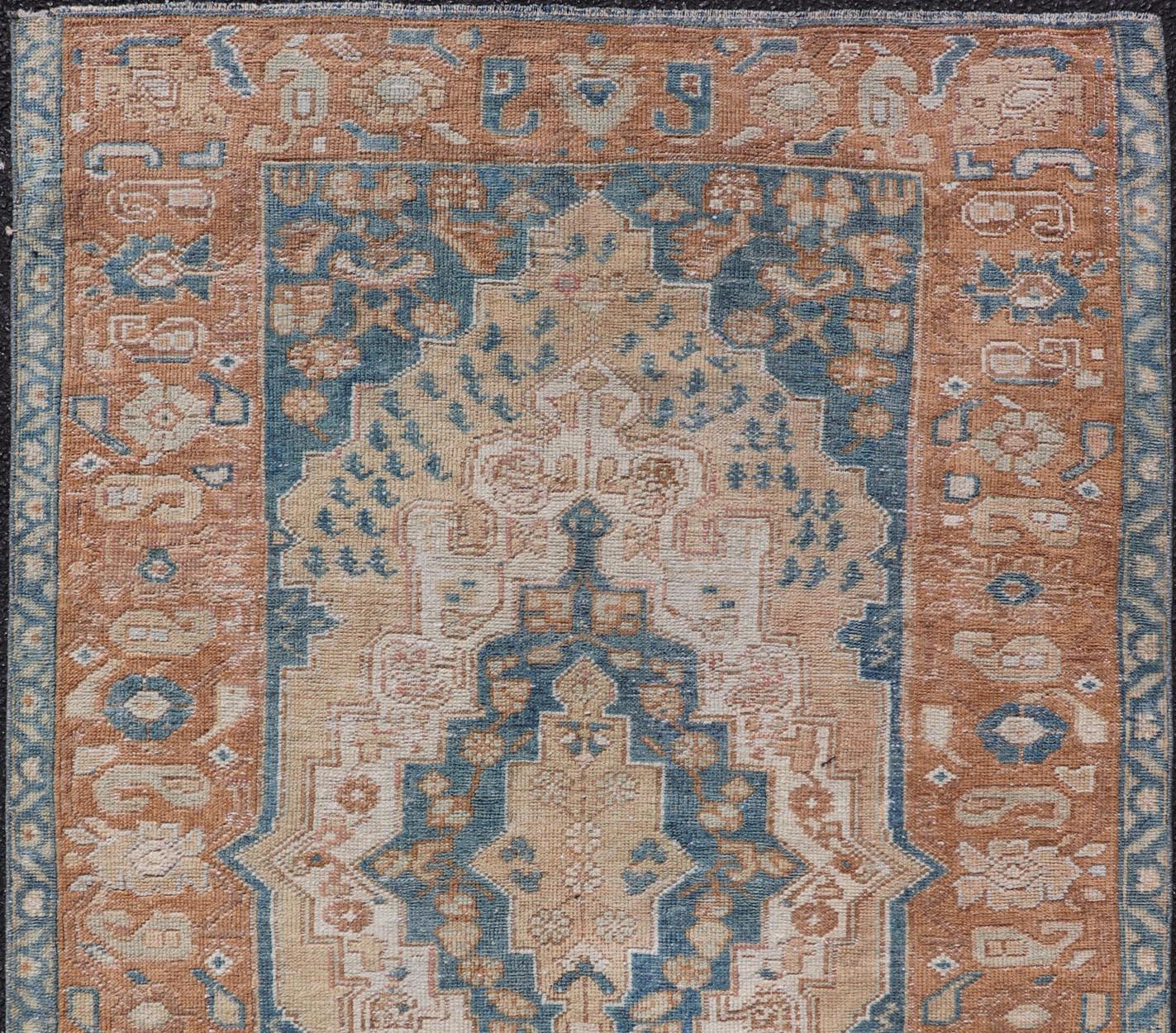 Antique Turkish Oushak Rug in Rich Blues and Earth Tones 3'7 x 5'9 In Good Condition For Sale In Atlanta, GA