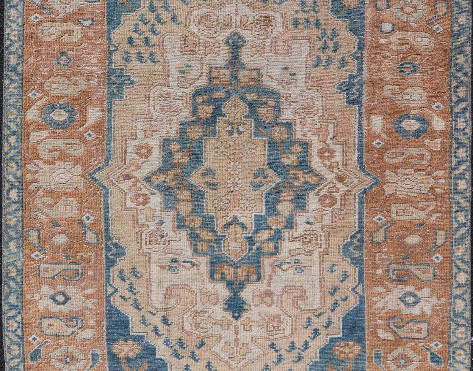 20th Century Antique Turkish Oushak Rug in Rich Blues and Earth Tones 3'7 x 5'9 For Sale