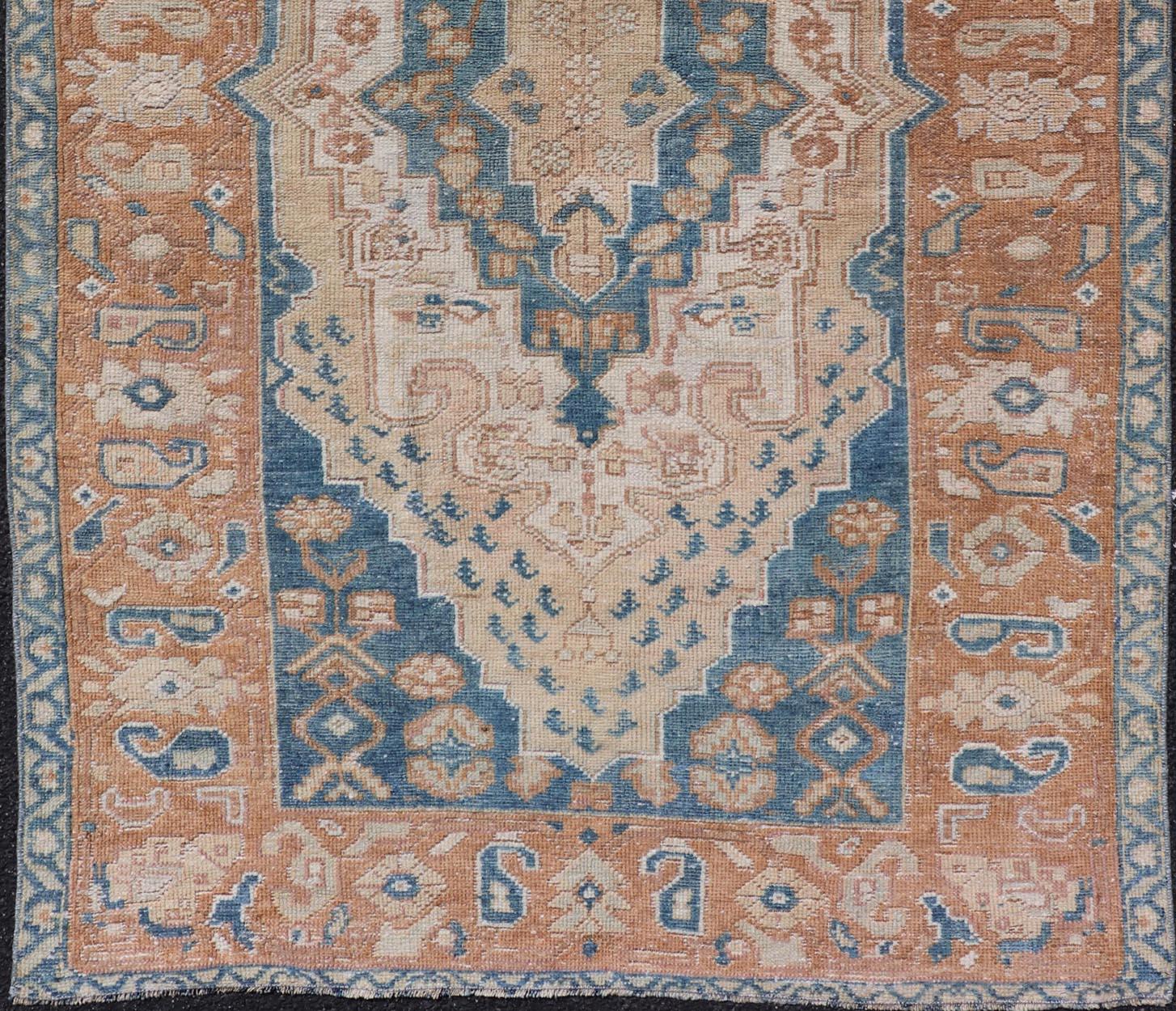 Wool Antique Turkish Oushak Rug in Rich Blues and Earth Tones 3'7 x 5'9 For Sale