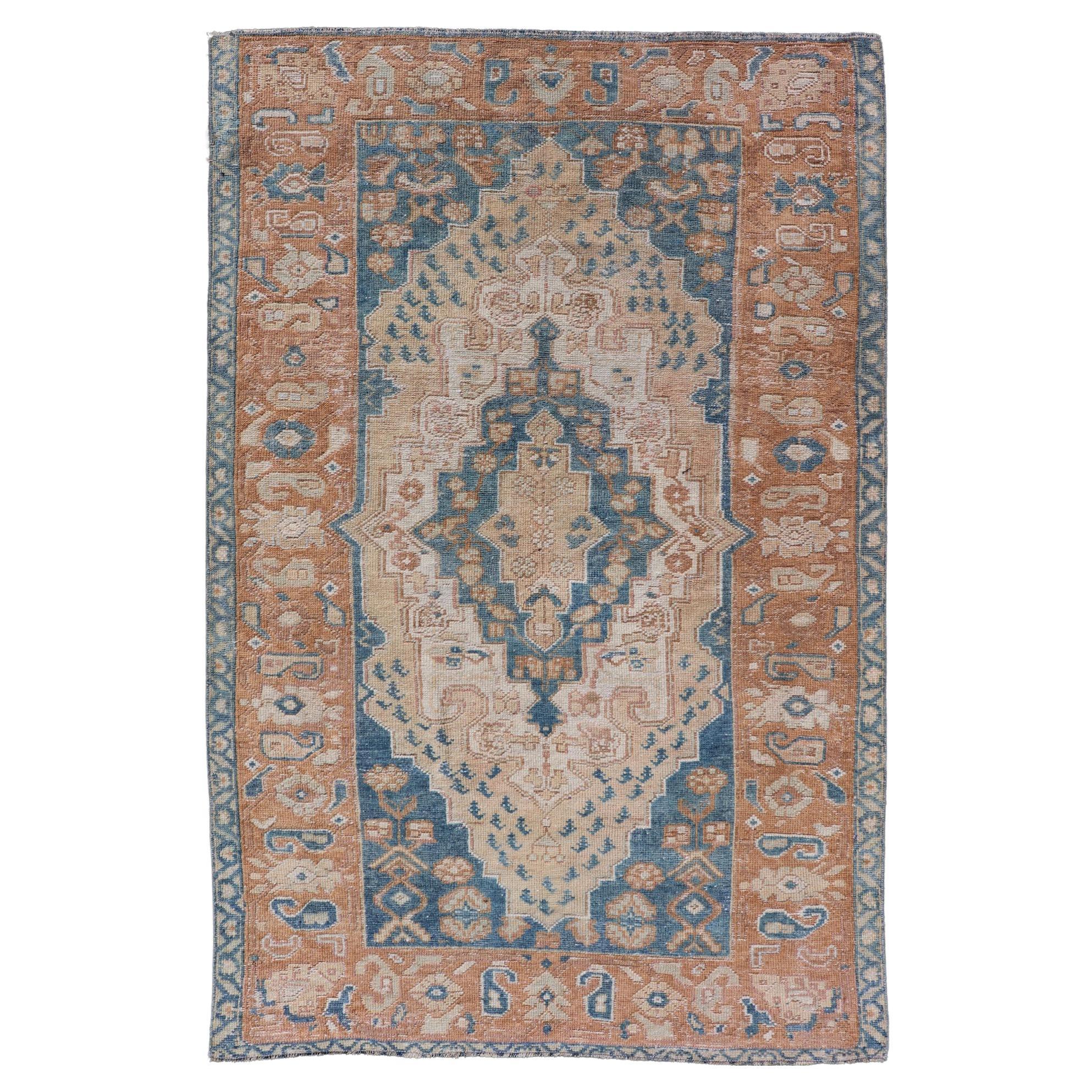 Antique Turkish Oushak Rug in Rich Blues and Earth Tones 3'7 x 5'9 For Sale
