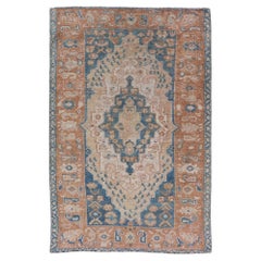 Antique Turkish Oushak Rug in Rich Blues and Earth Tones 3'7 x 5'9