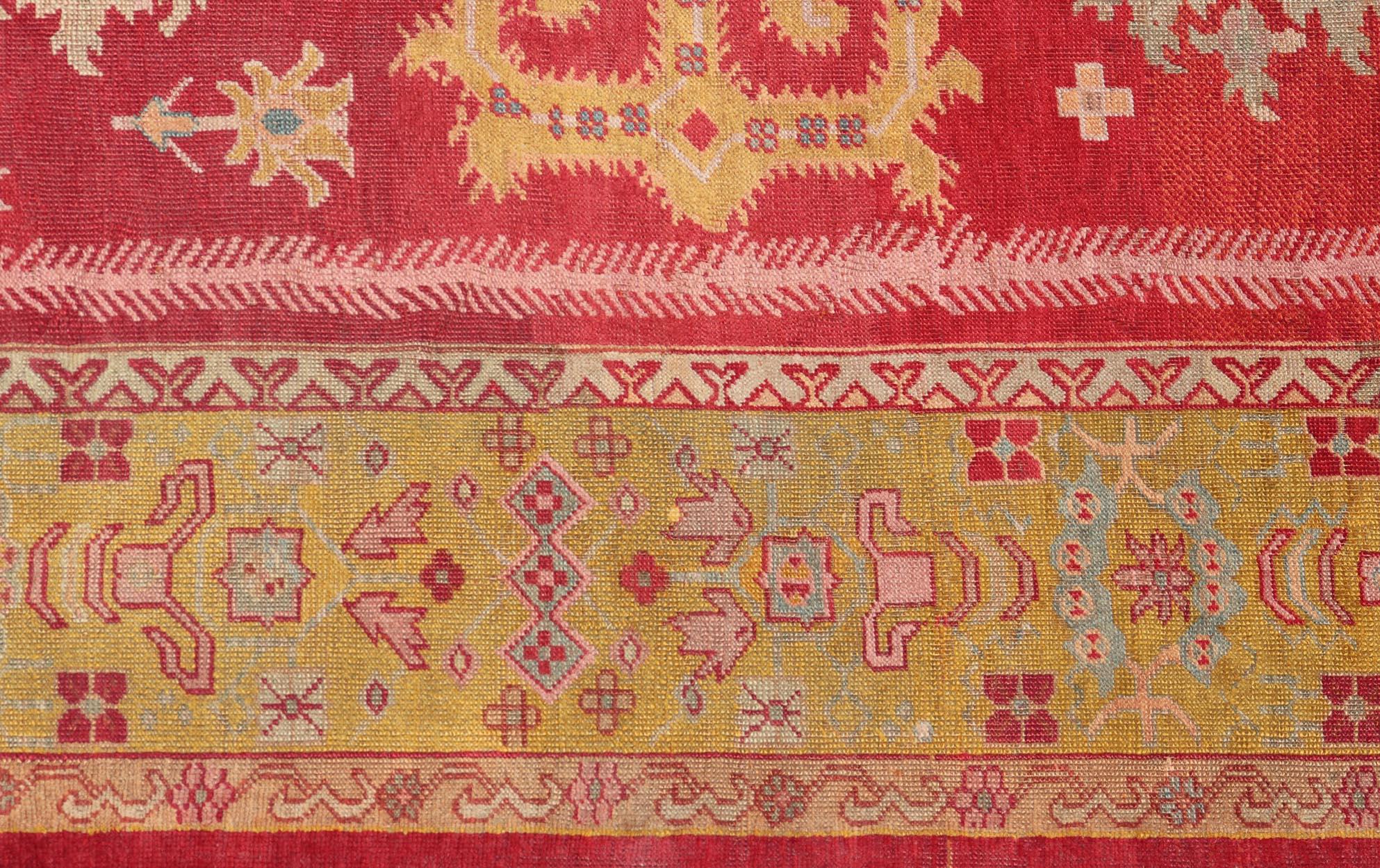 Antique Turkish Oushak Rug in Royal Red and Saffron Gold with Geometric Design For Sale 2