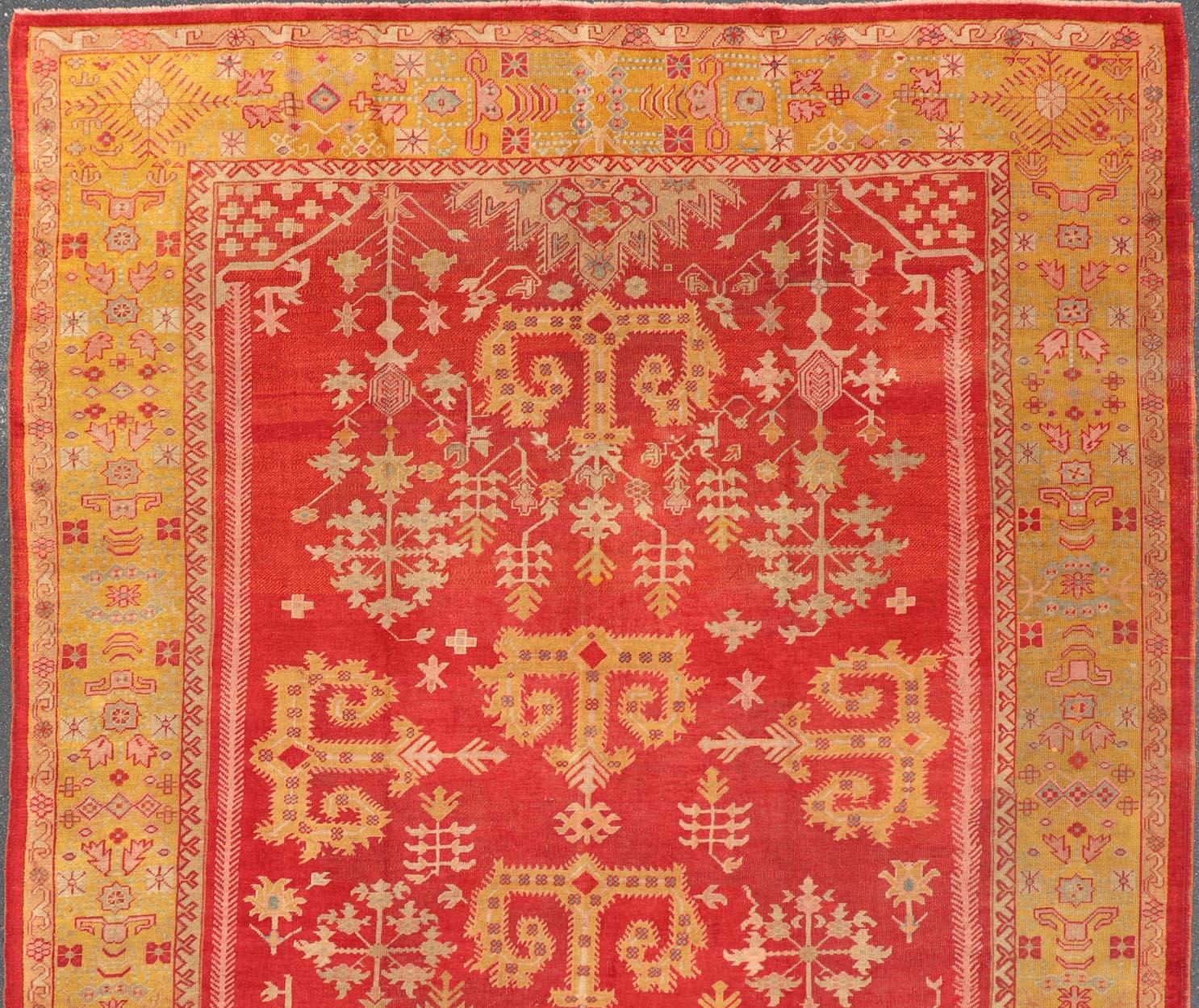 Antique Turkish Oushak Rug in Royal Red and Saffron Gold with Geometric Design For Sale 3