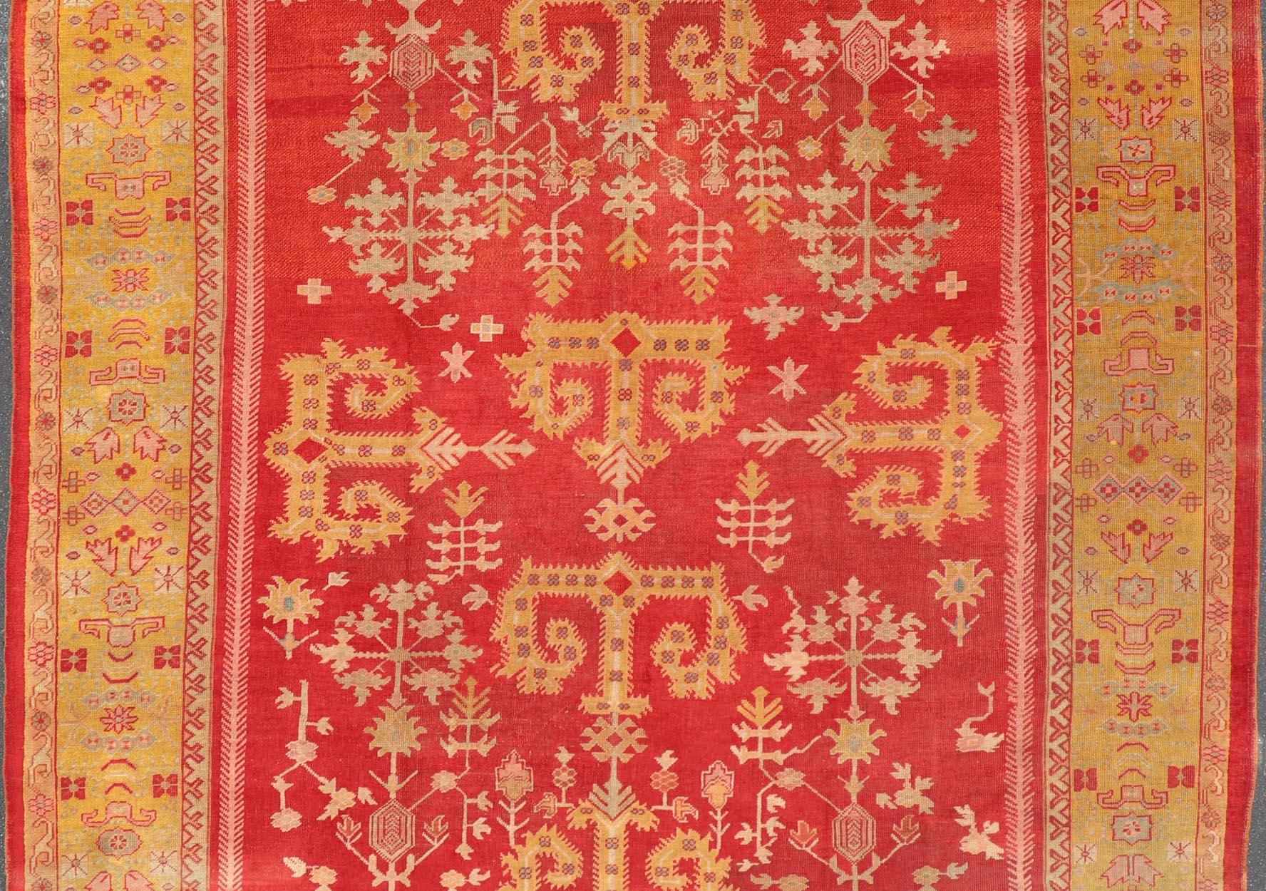 Antique Turkish Oushak Rug in Royal Red and Saffron Gold with Geometric Design For Sale 4