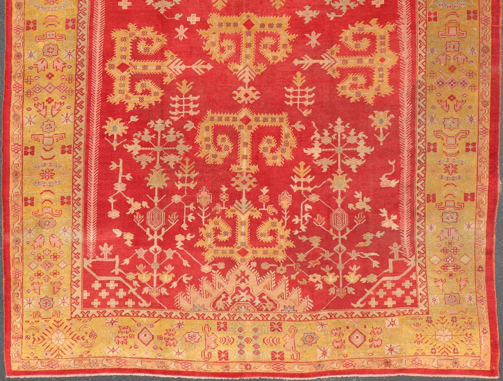 Antique Turkish Oushak Rug in Royal Red and Saffron Gold with Geometric Design For Sale 5