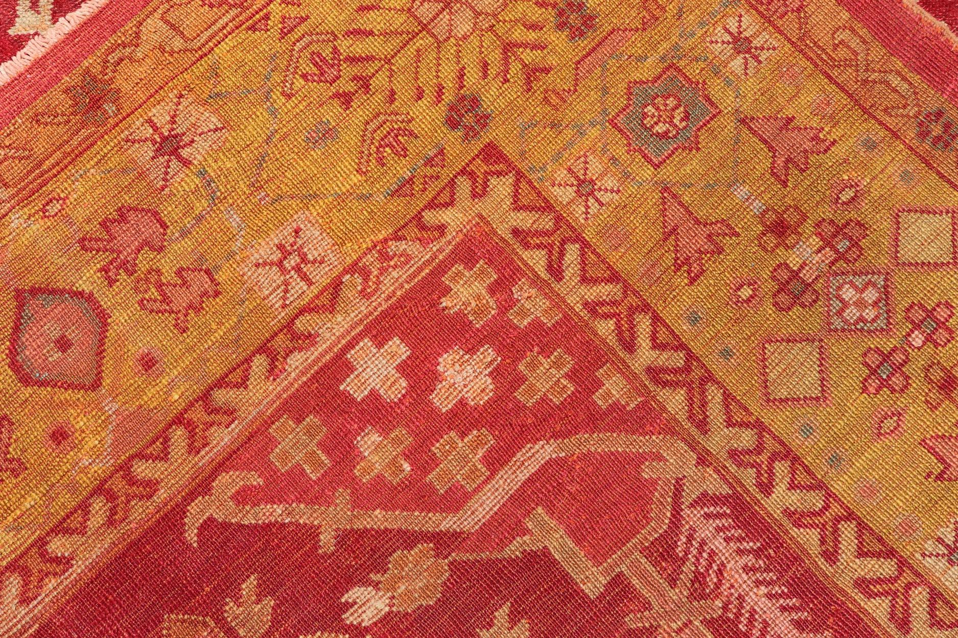 Antique Turkish Oushak Rug in Royal Red and Saffron Gold with Geometric Design For Sale 6