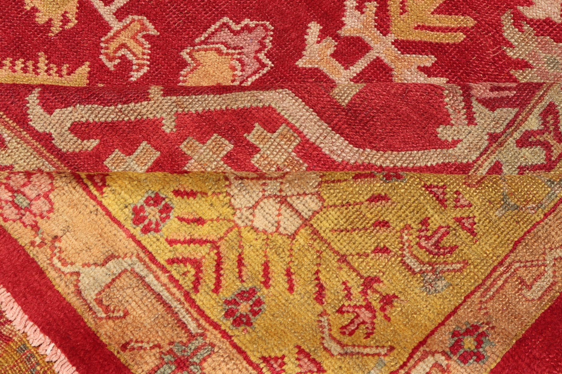 Antique Turkish Oushak Rug in Royal Red and Saffron Gold with Geometric Design For Sale 7
