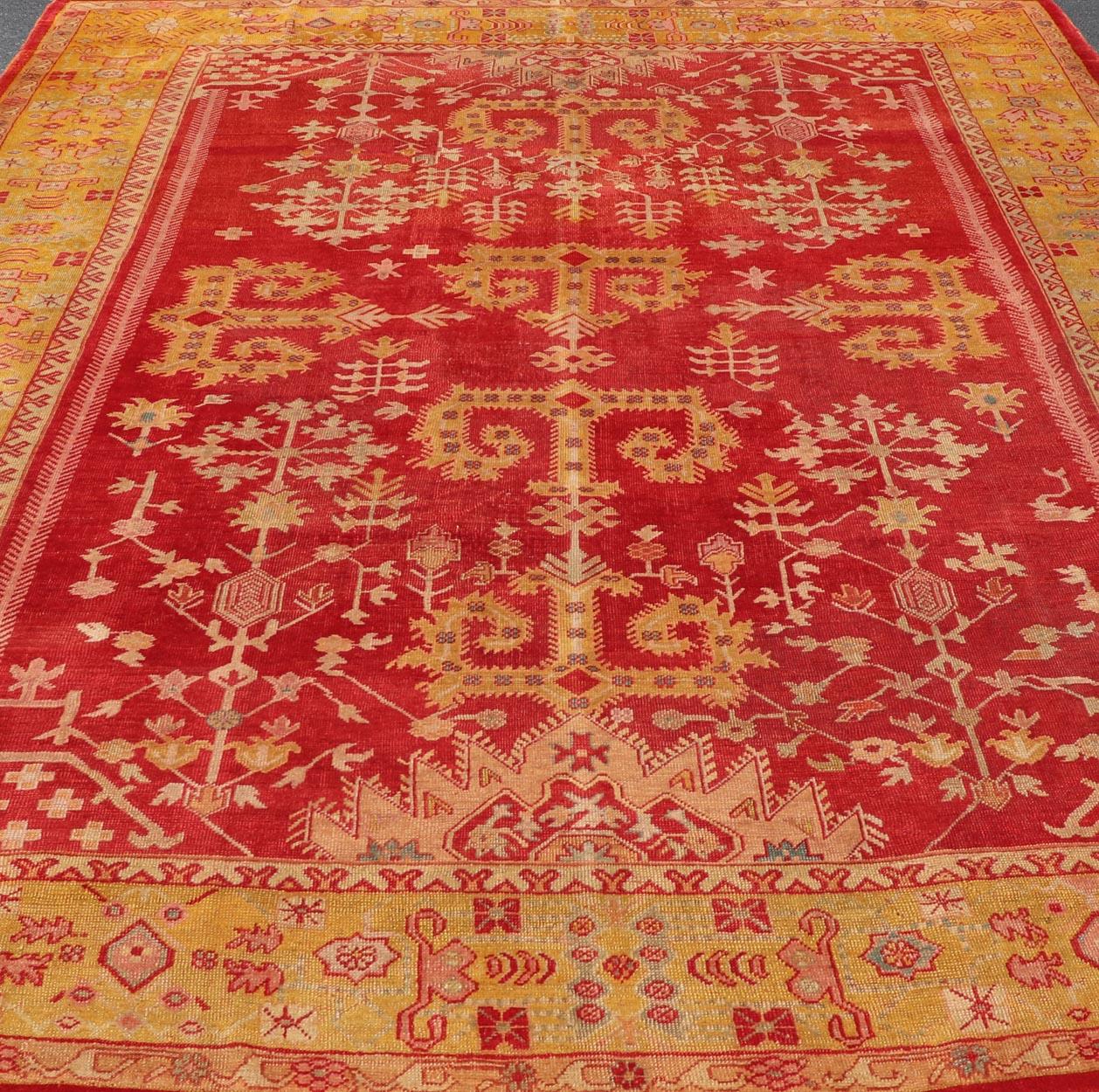 Antique Turkish Oushak Rug in Royal Red and Saffron Gold with Geometric Design For Sale 8