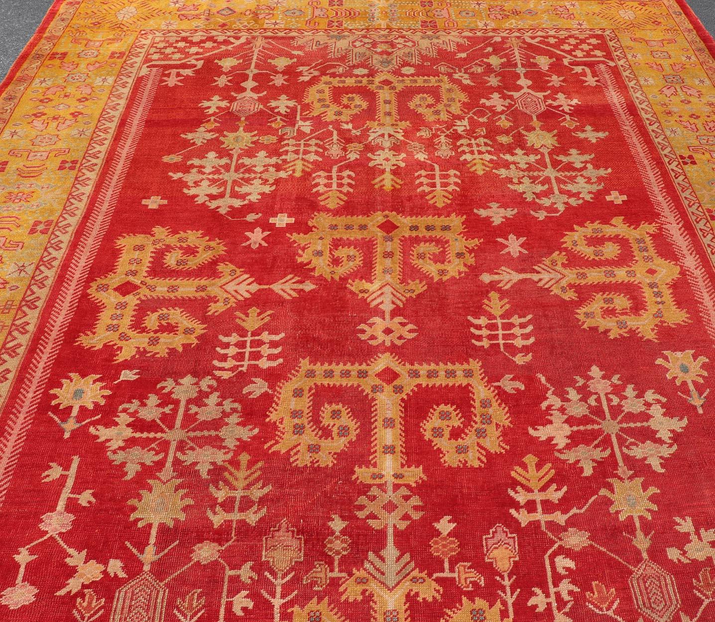 Antique Turkish Oushak Rug in Royal Red and Saffron Gold with Geometric Design For Sale 9