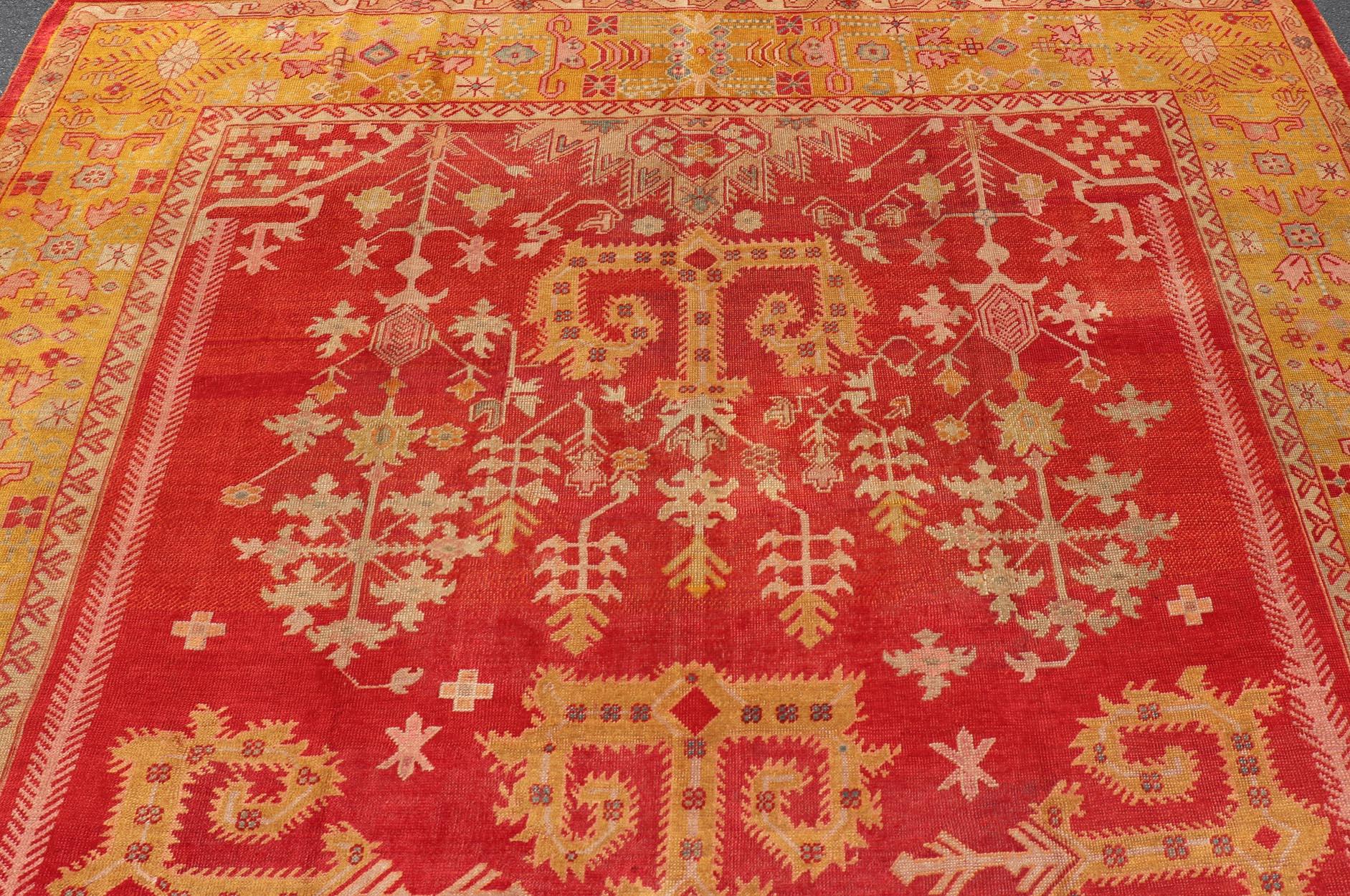 Antique Turkish Oushak Rug in Royal Red and Saffron Gold with Geometric Design For Sale 10