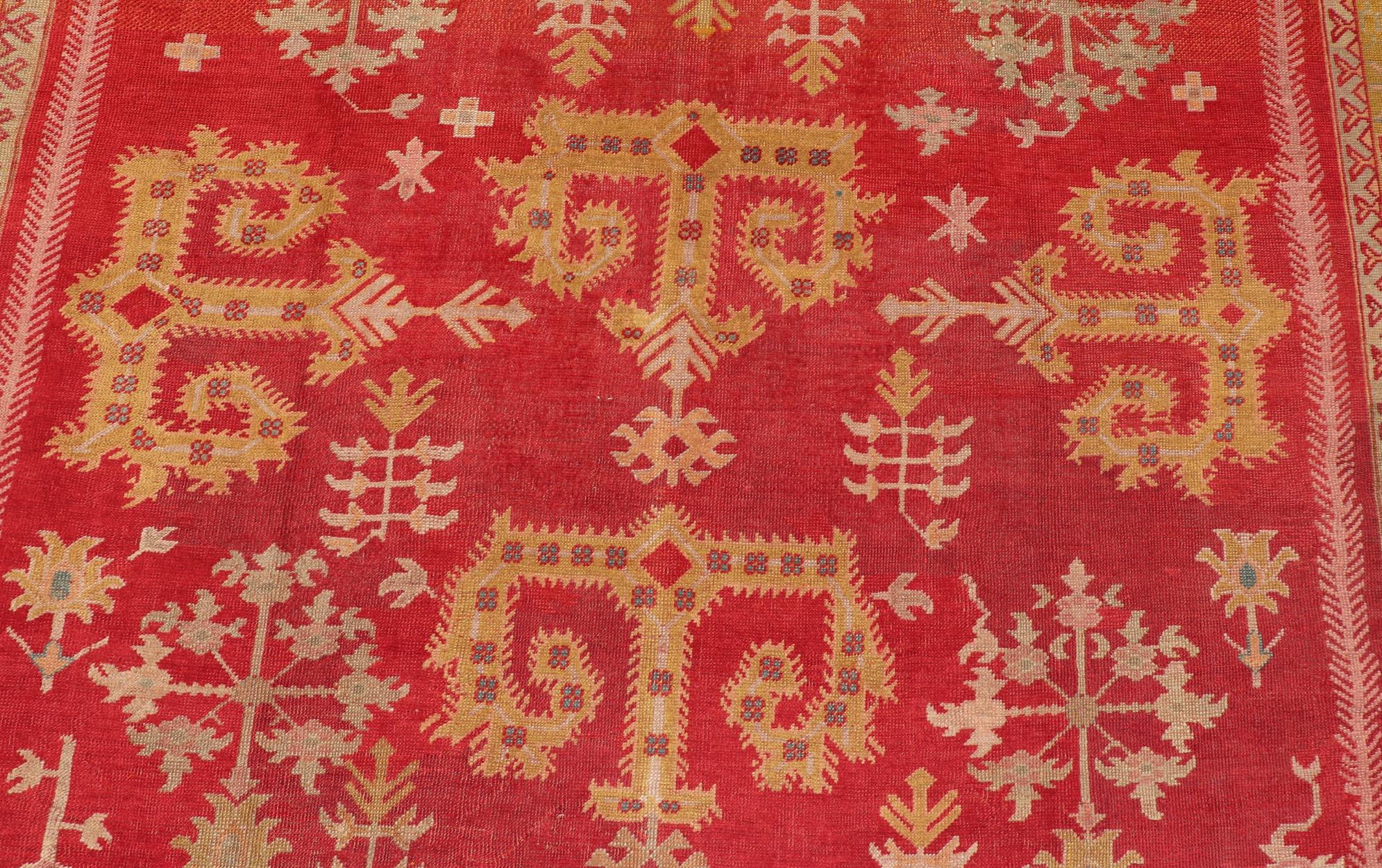 Antique Turkish Oushak Rug in Royal Red and Saffron Gold with Geometric Design For Sale 11