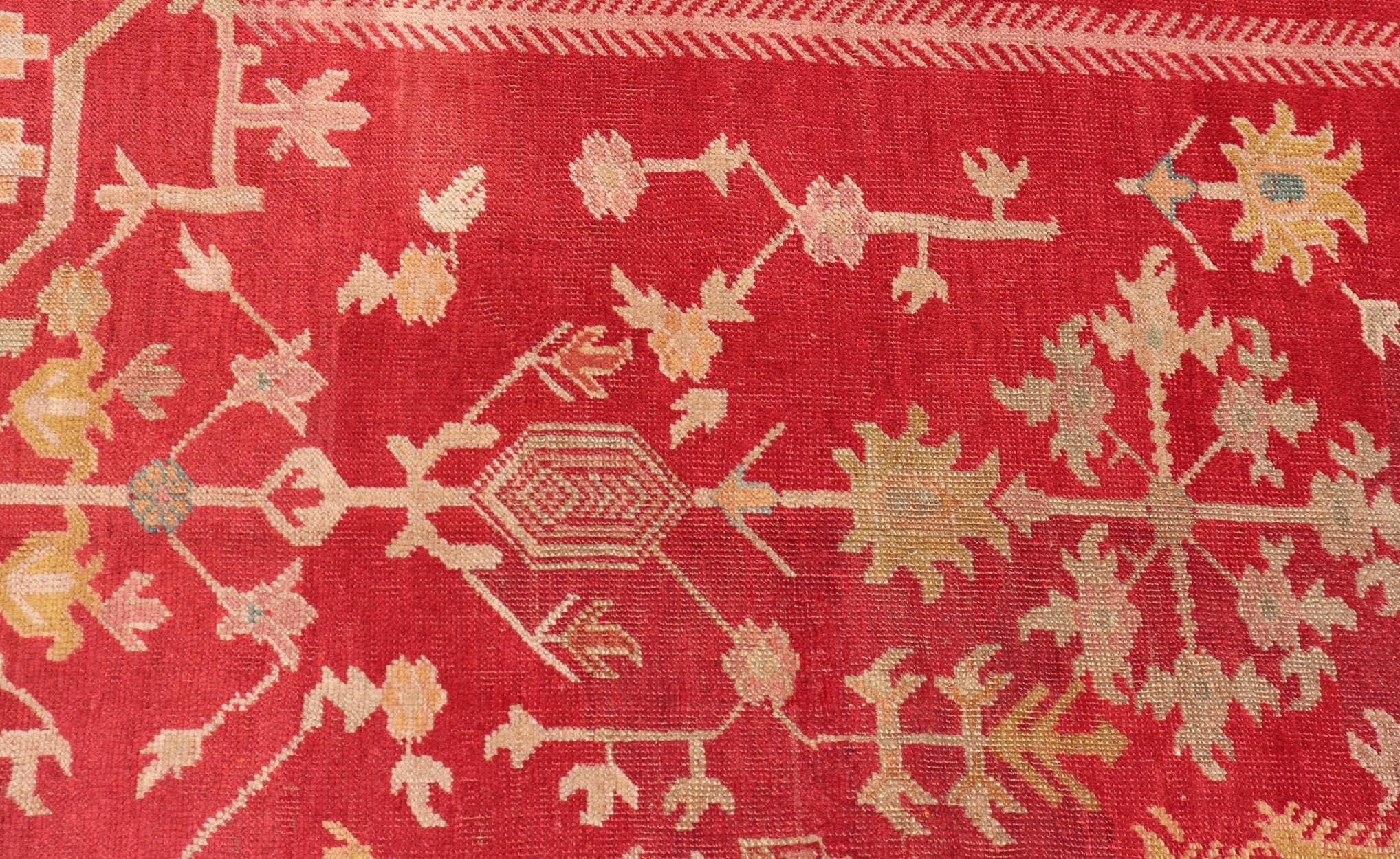 Antique Turkish Oushak Rug in Royal Red and Saffron Gold with Geometric Design In Good Condition For Sale In Atlanta, GA
