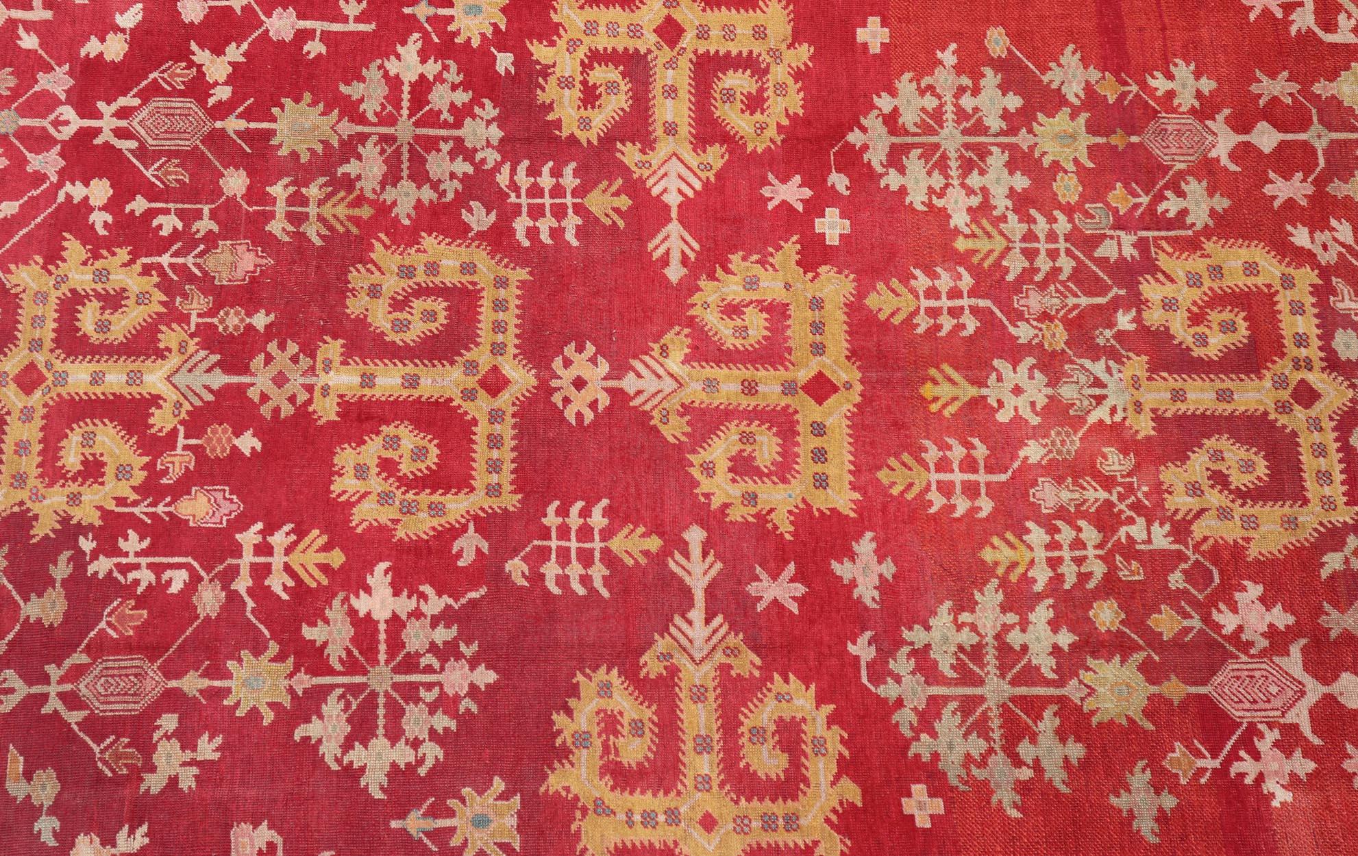 Antique Turkish Oushak Rug in Royal Red and Saffron Gold with Geometric Design For Sale 1