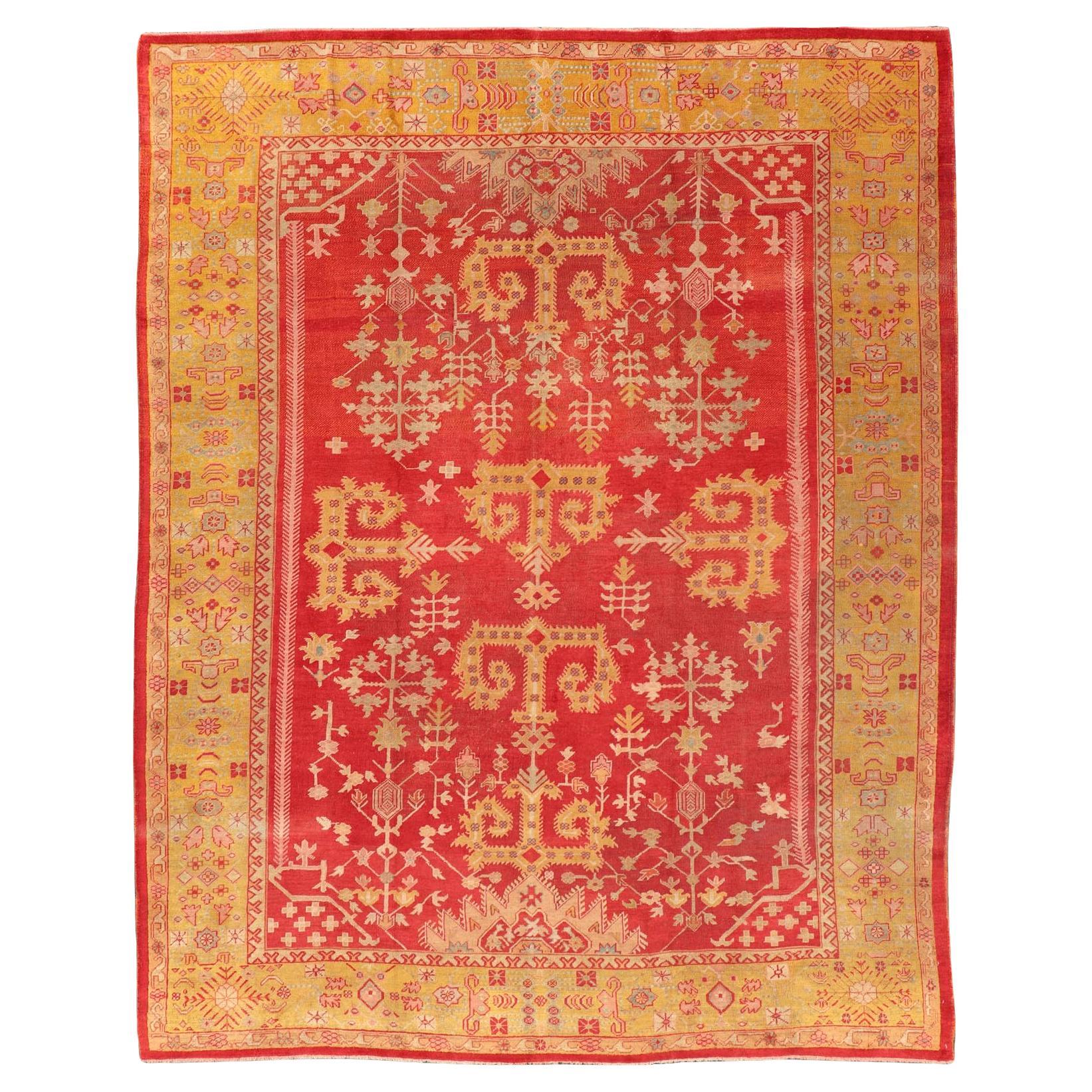 Antique Turkish Oushak Rug in Royal Red and Saffron Gold with Geometric Design For Sale