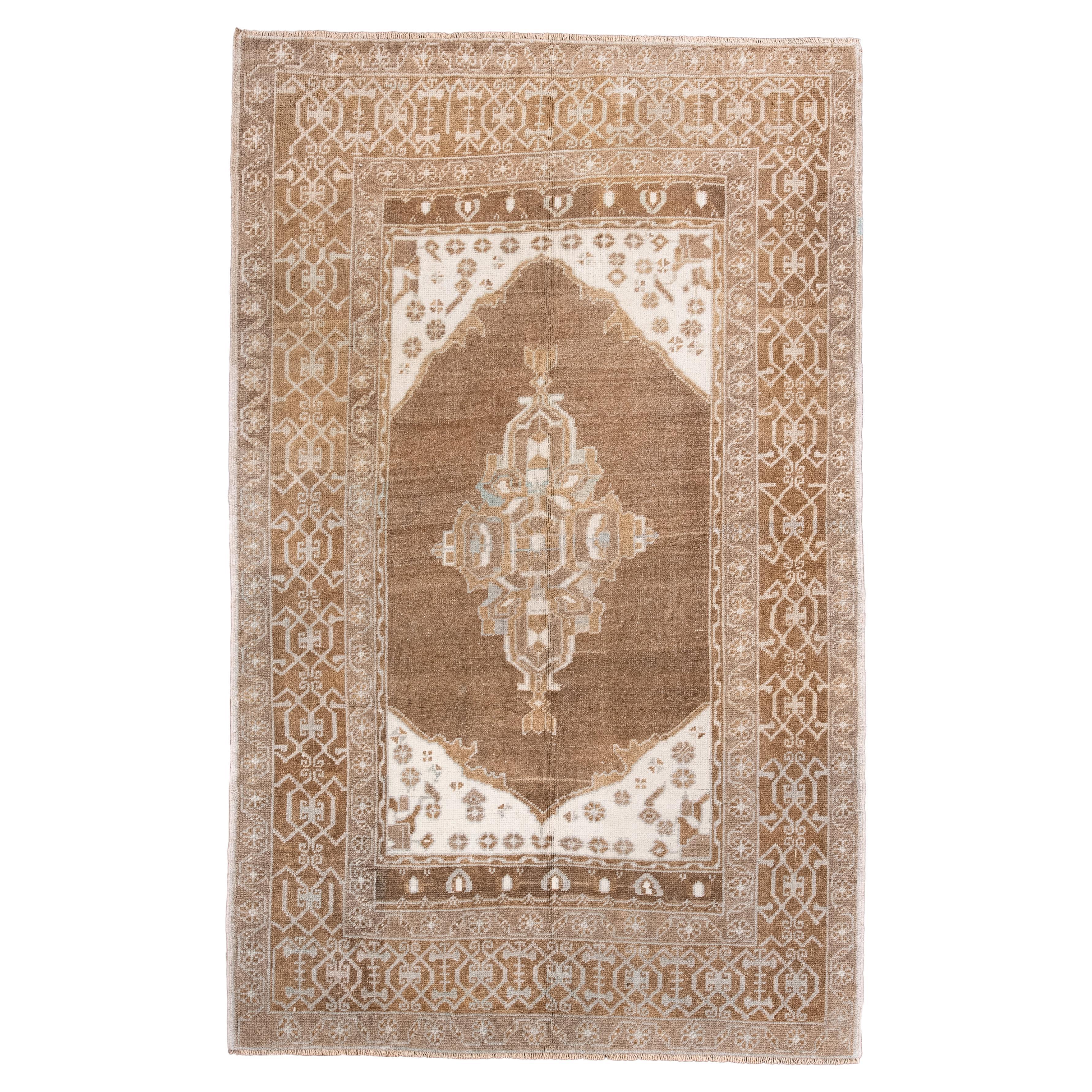 Antique Turkish Oushak Rug in Soft Taupe and Ivory