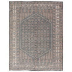 Antique Turkish Oushak Rug in Soft Taupe, Blue-Gray, and Faded Pink