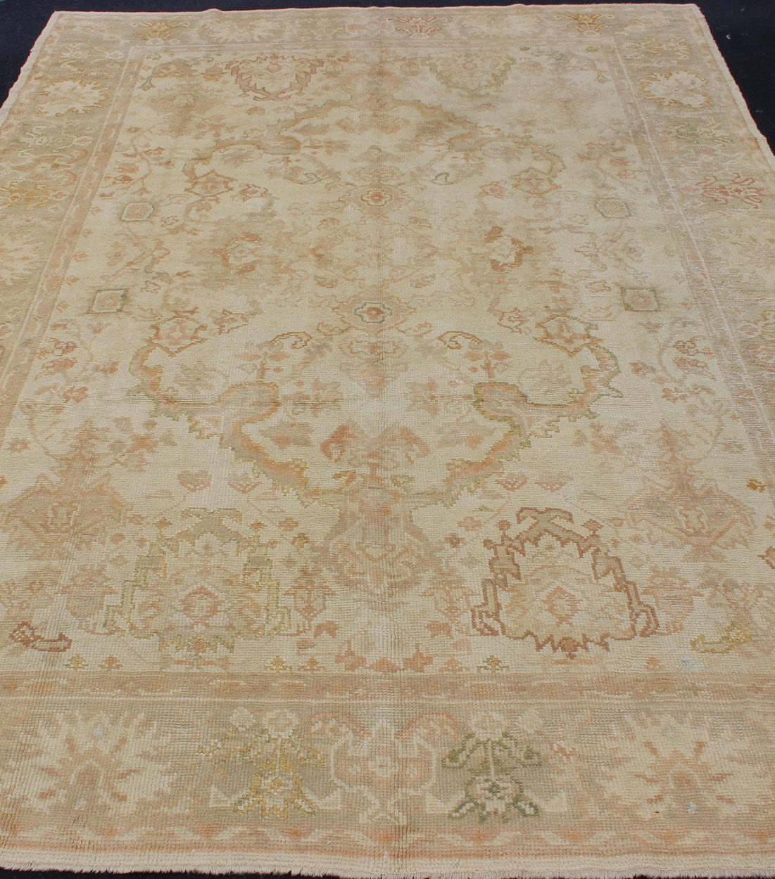 20th Century Antique Turkish Hand Knotted Oushak Rug in Taupe, Beige, Green and Copper For Sale