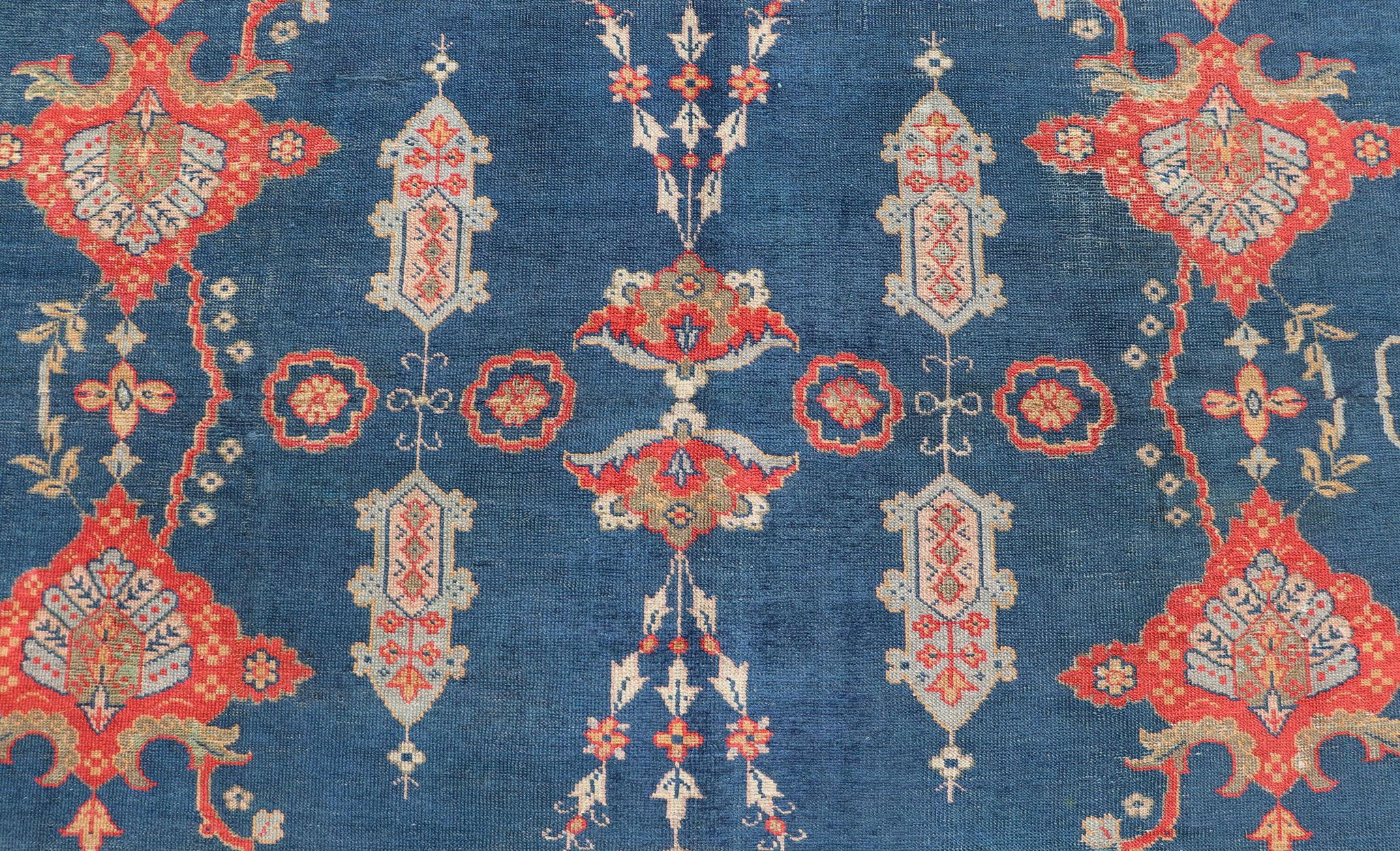 Large Antique Turkish Oushak Rug in Blue and Red with Ornate Medallion Design For Sale 4