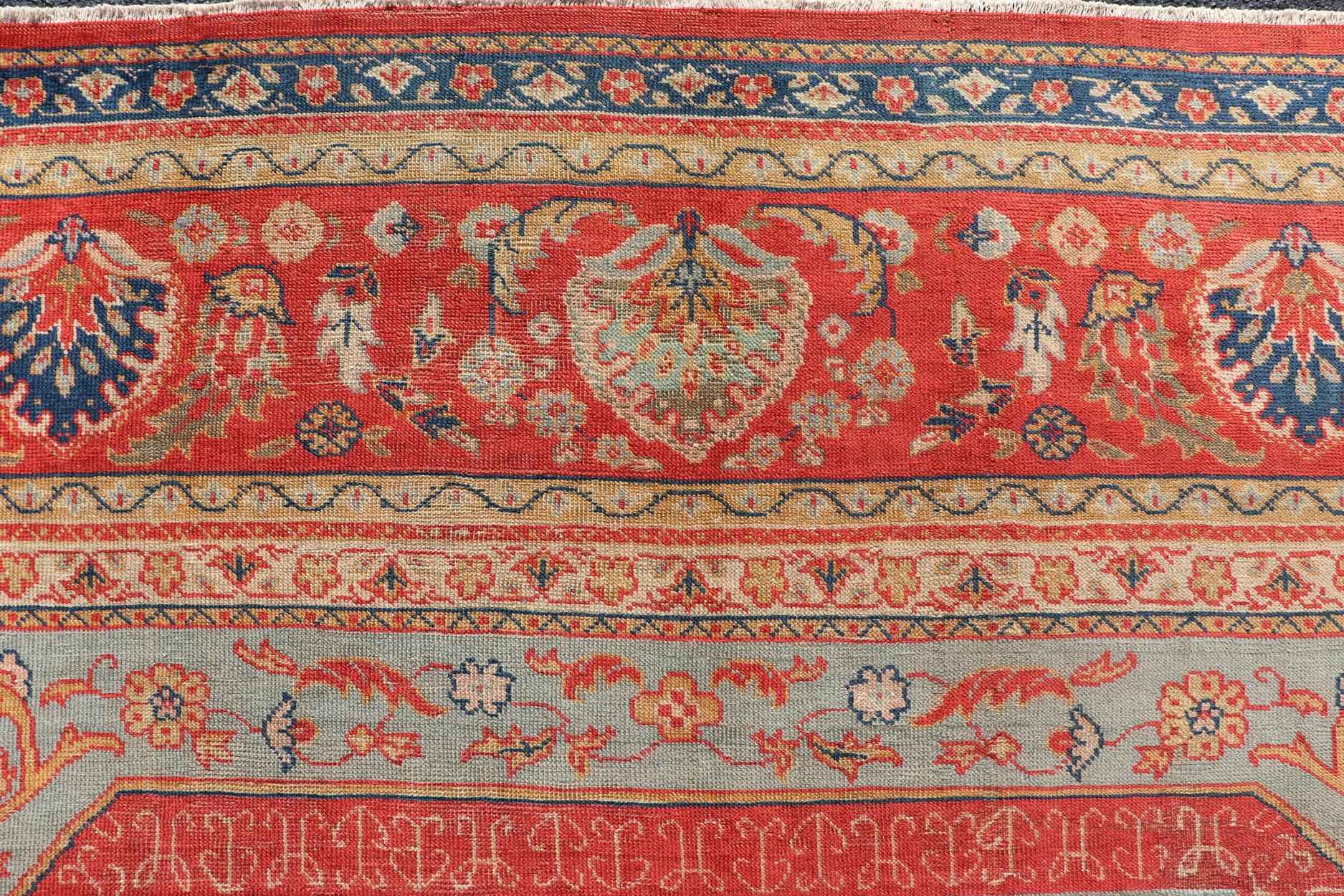 Large Antique Turkish Oushak Rug in Blue and Red with Ornate Medallion Design For Sale 6