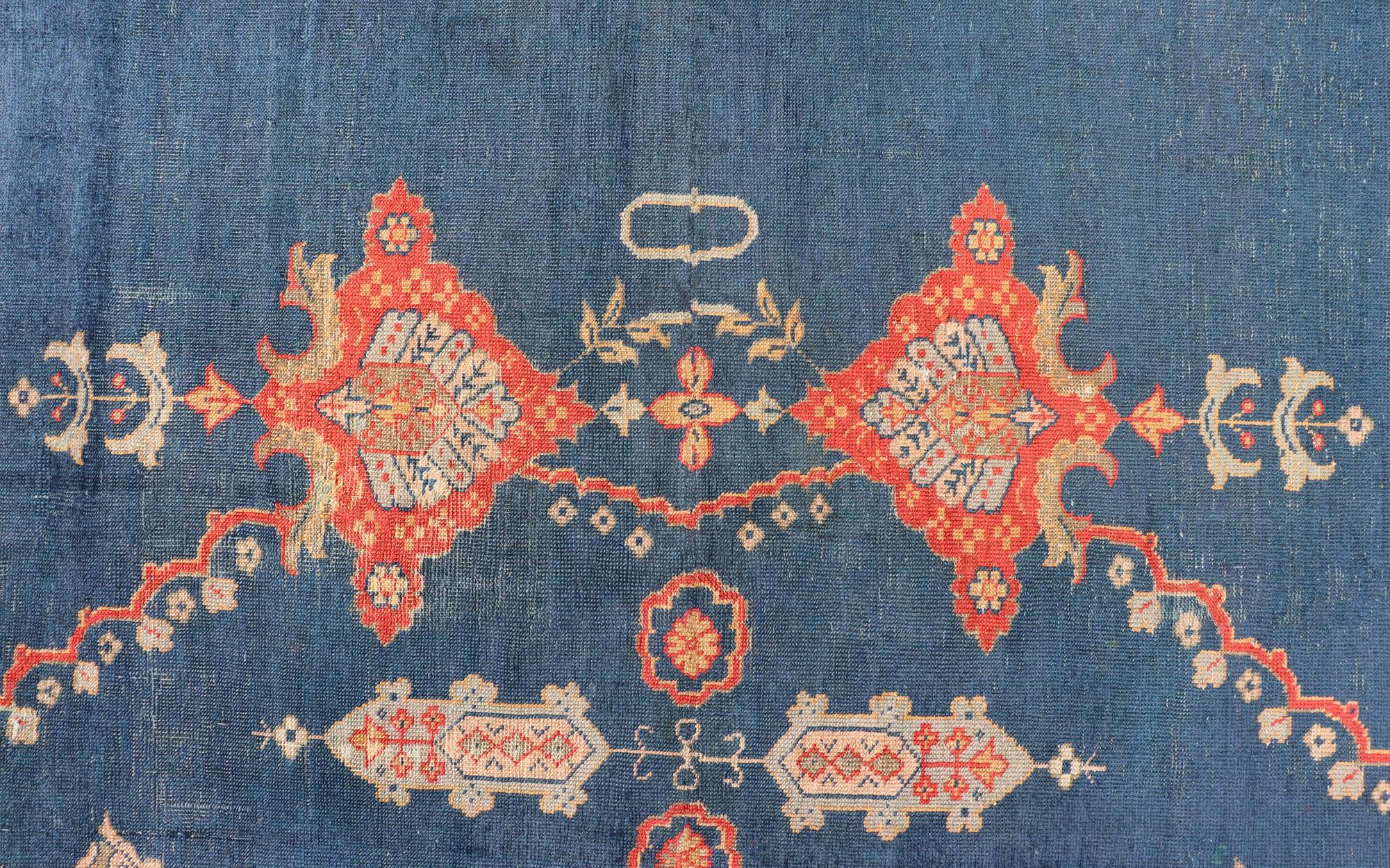 Large Antique Turkish Oushak Rug in Blue and Red with Ornate Medallion Design For Sale 7