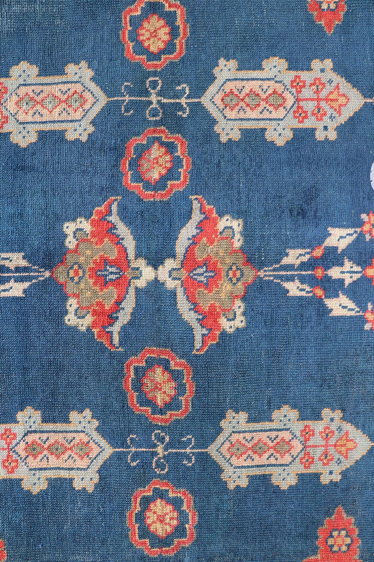 Large Antique Turkish Oushak Rug in Blue and Red with Ornate Medallion Design For Sale 8
