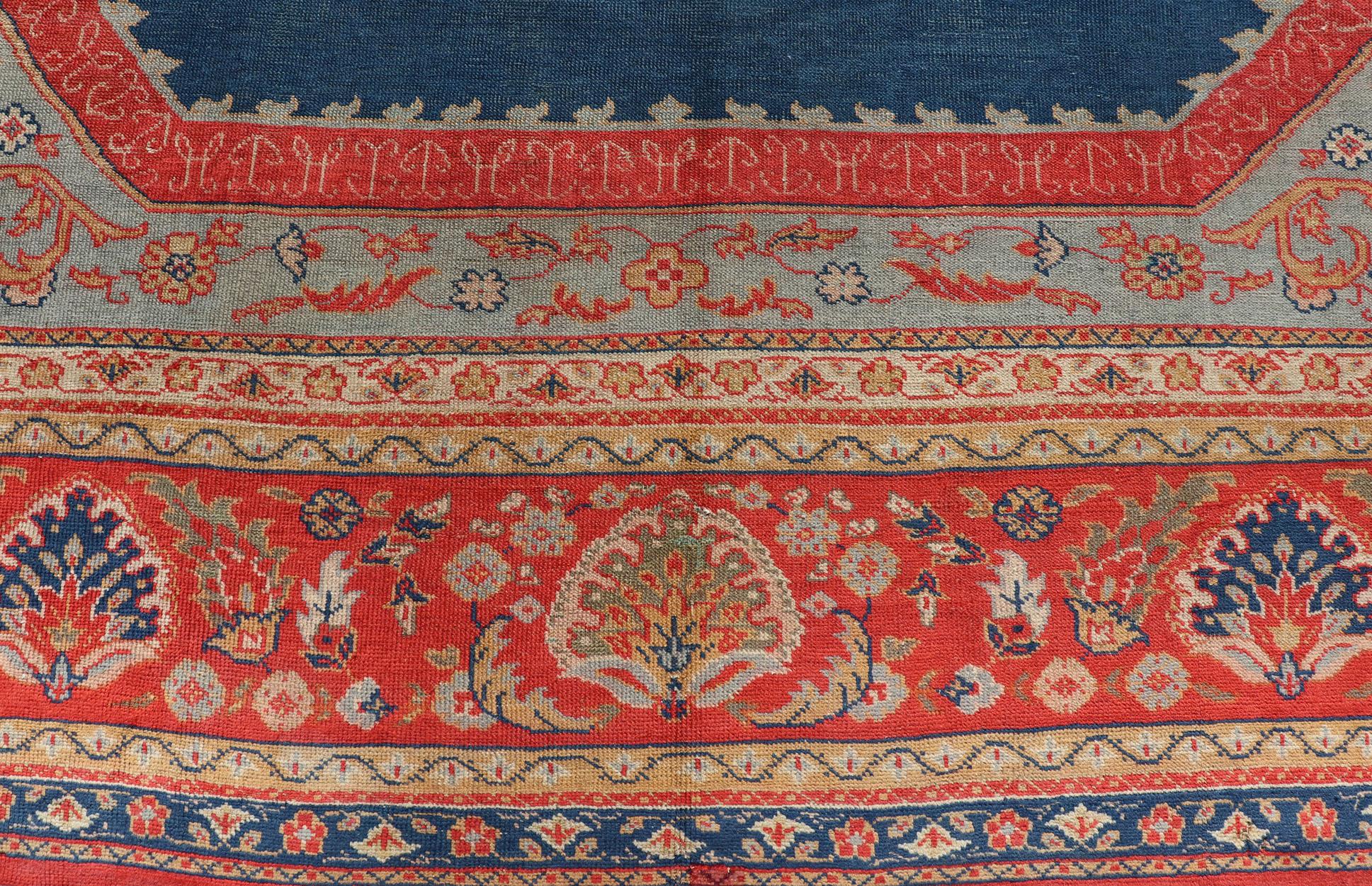 Large Antique Turkish Oushak Rug in Blue and Red with Ornate Medallion Design For Sale 10