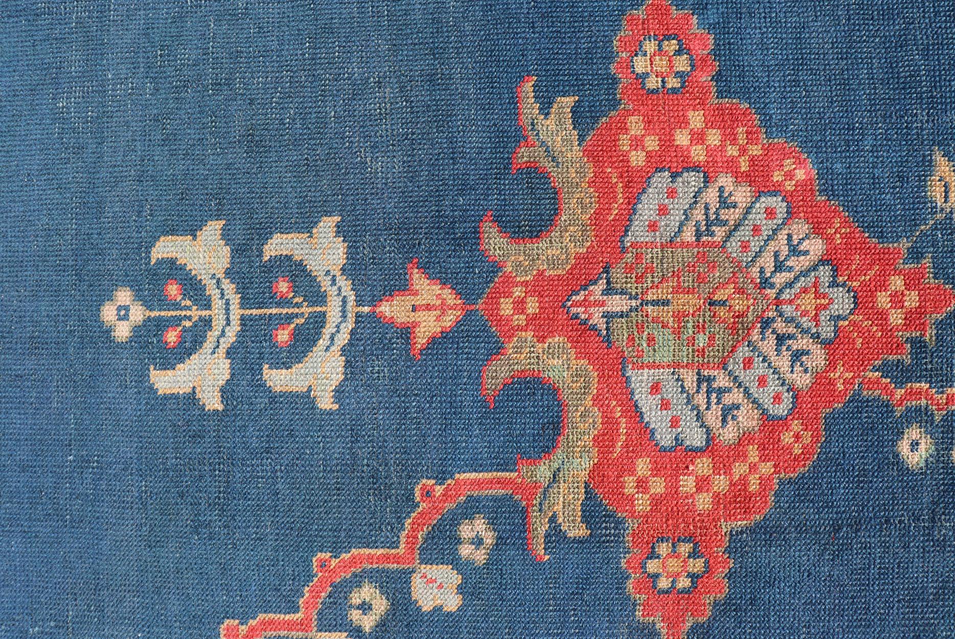 Large Antique Turkish Oushak Rug in Blue and Red with Ornate Medallion Design For Sale 13