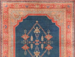 Large Antique Turkish Oushak Rug in Blue and Red with Ornate Medallion Design