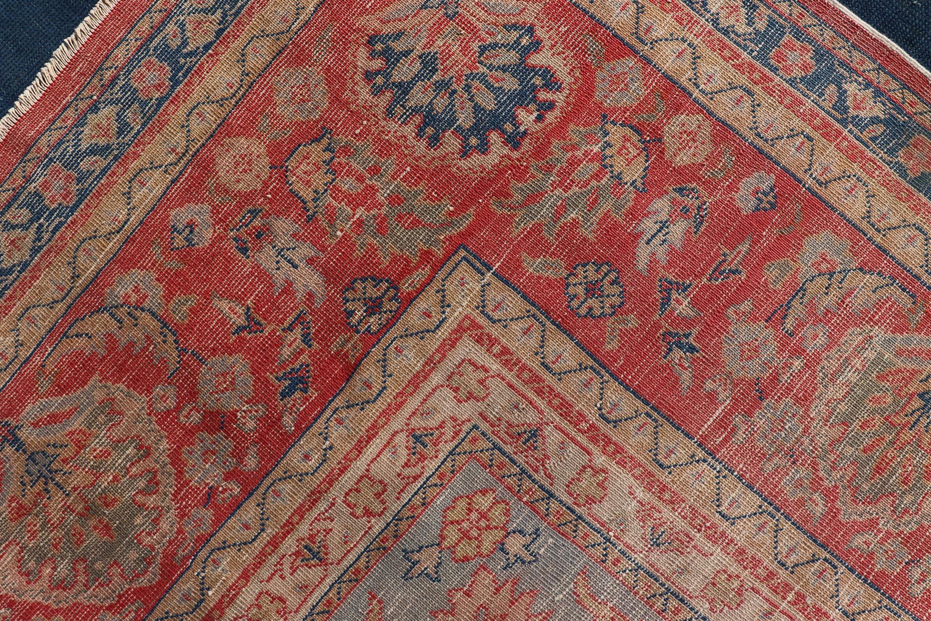 20th Century Large Antique Turkish Oushak Rug in Blue and Red with Ornate Medallion Design For Sale