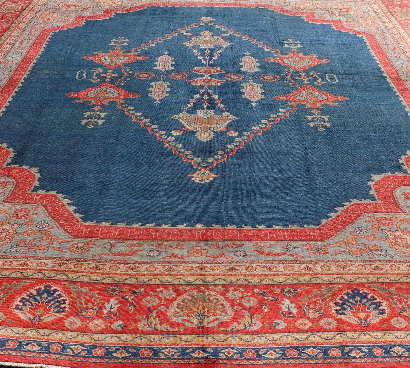 Large Antique Turkish Oushak Rug in Blue and Red with Ornate Medallion Design For Sale 2