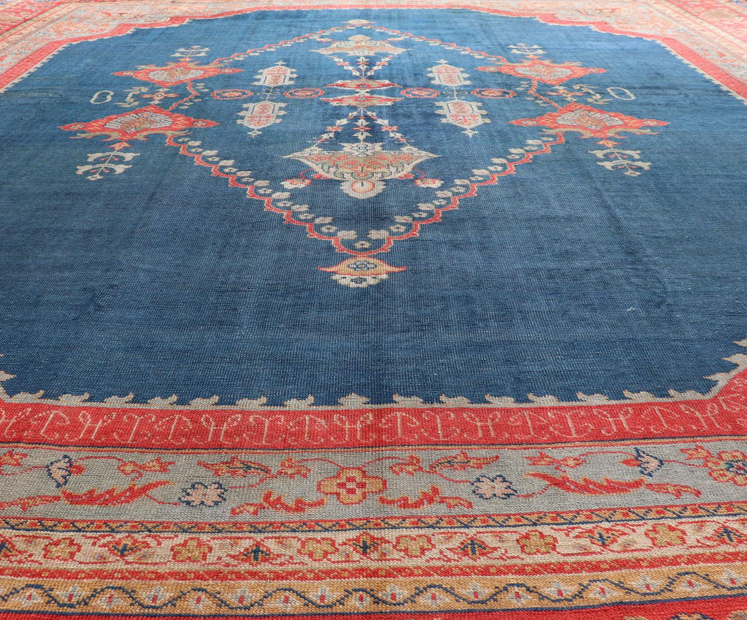 Large Antique Turkish Oushak Rug in Blue and Red with Ornate Medallion Design For Sale 3